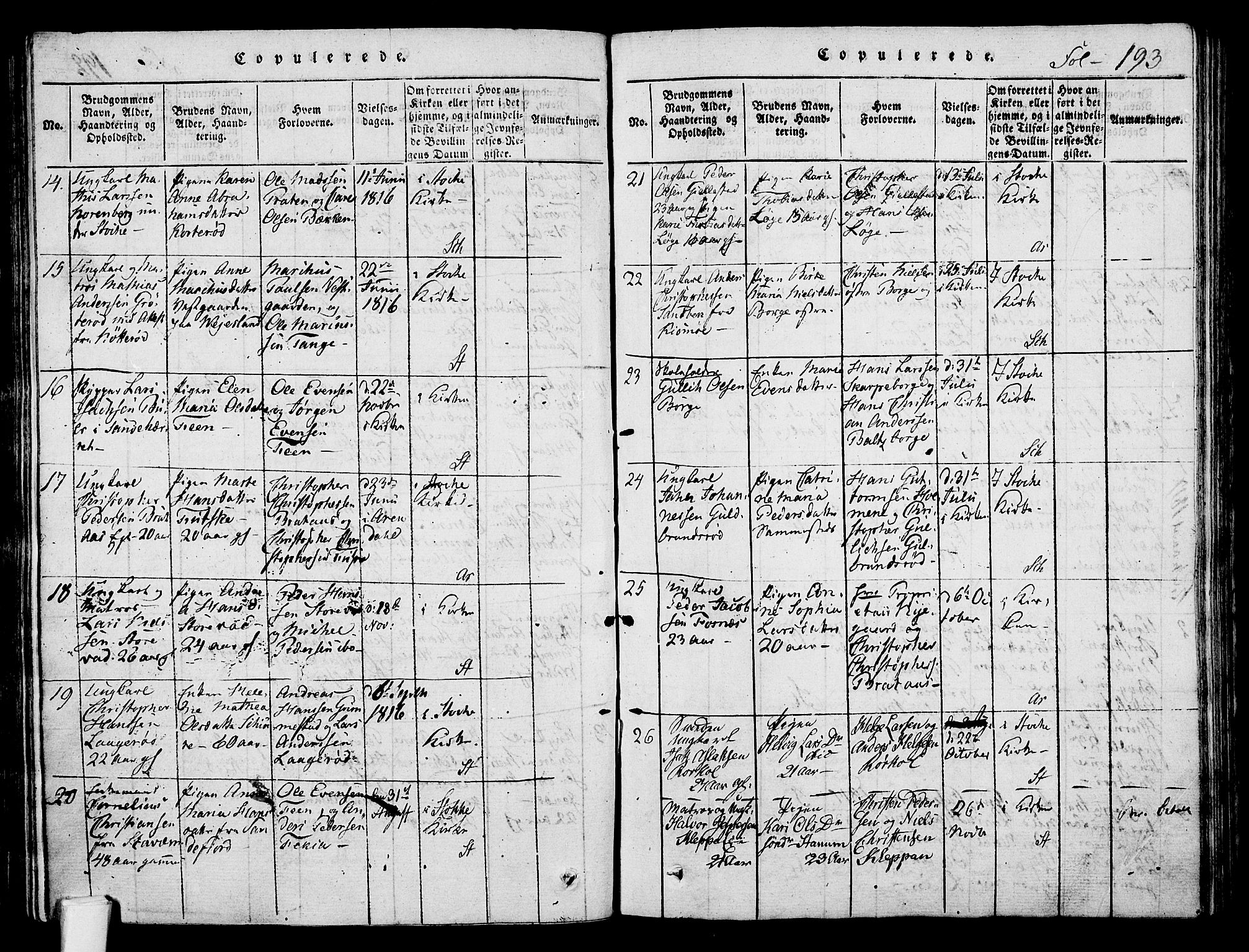 Stokke kirkebøker, SAKO/A-320/F/Fa/L0005: Parish register (official) no. I 5, 1815-1826, p. 193