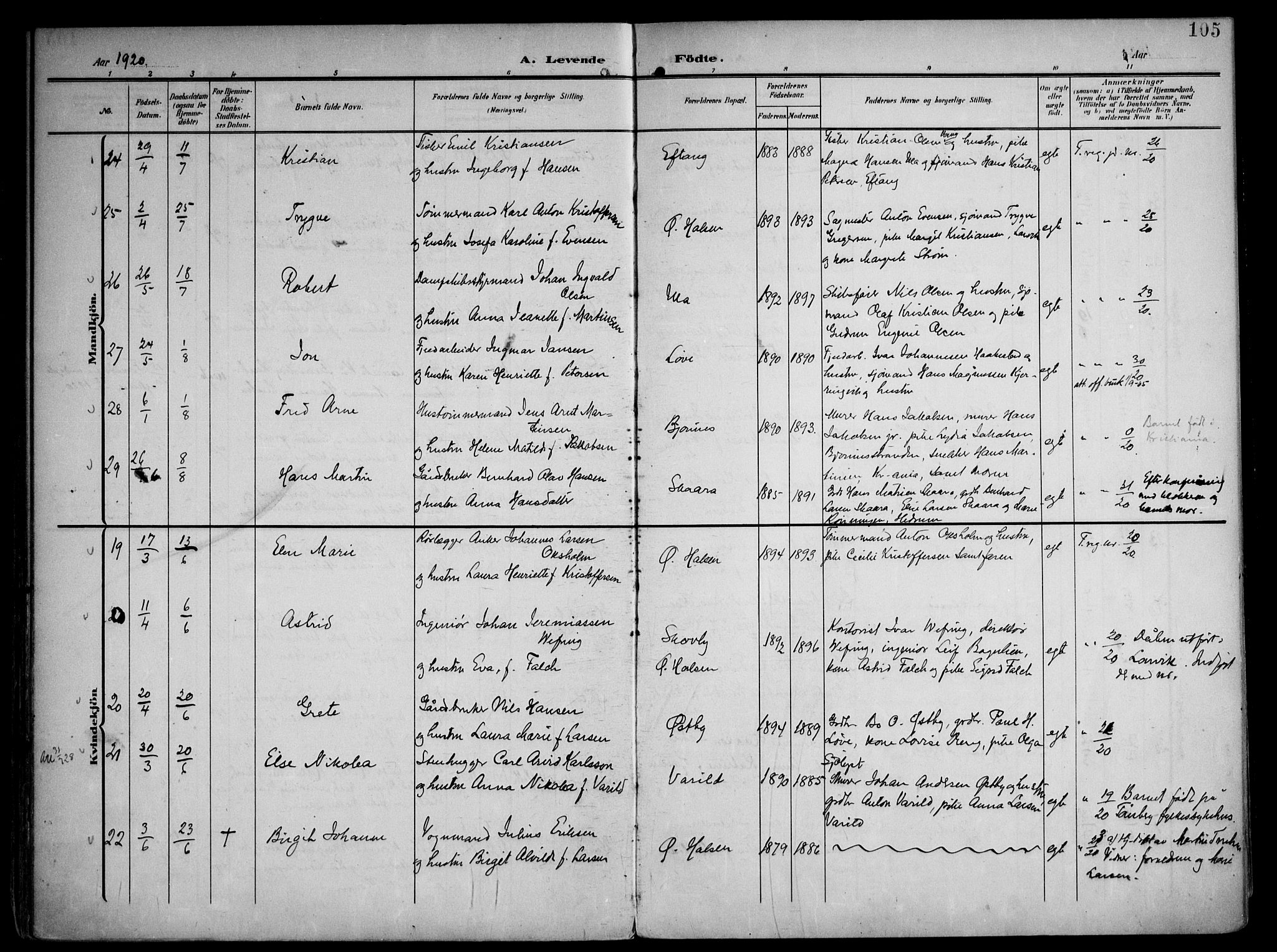 Tjølling kirkebøker, AV/SAKO-A-60/F/Fa/L0010: Parish register (official) no. 10, 1906-1923, p. 105