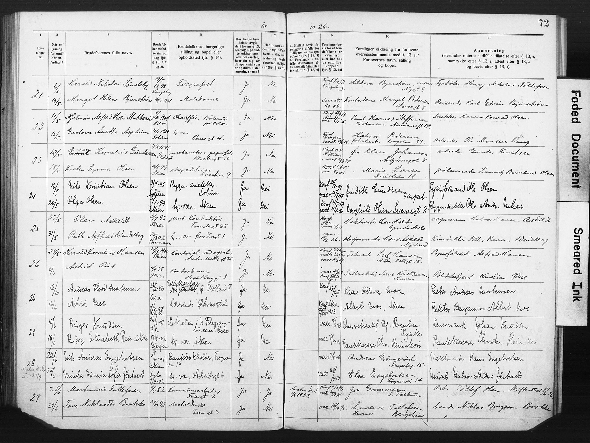 Skien kirkebøker, SAKO/A-302/H/Ha/L0001: Banns register no. 1, 1919-1929, p. 72