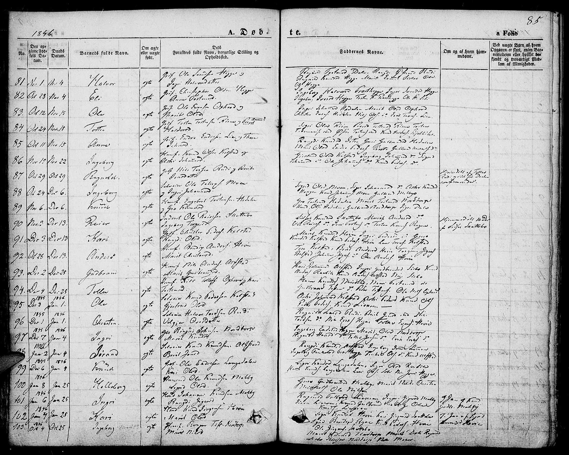 Slidre prestekontor, SAH/PREST-134/H/Ha/Haa/L0004: Parish register (official) no. 4, 1831-1848, p. 85