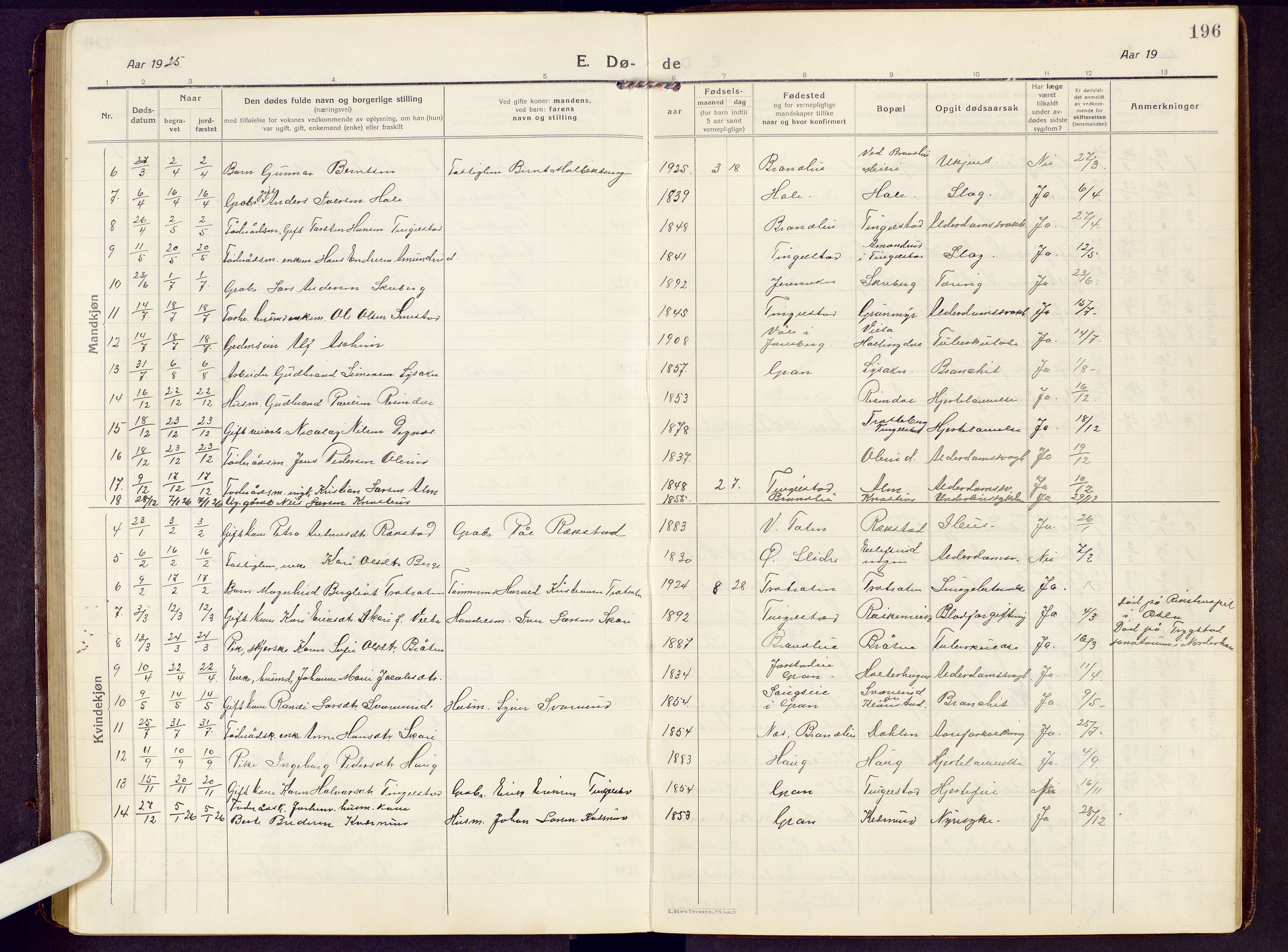 Brandbu prestekontor, SAH/PREST-114/H/Ha/Hab/L0010: Parish register (copy) no. 10, 1916-1930, p. 196