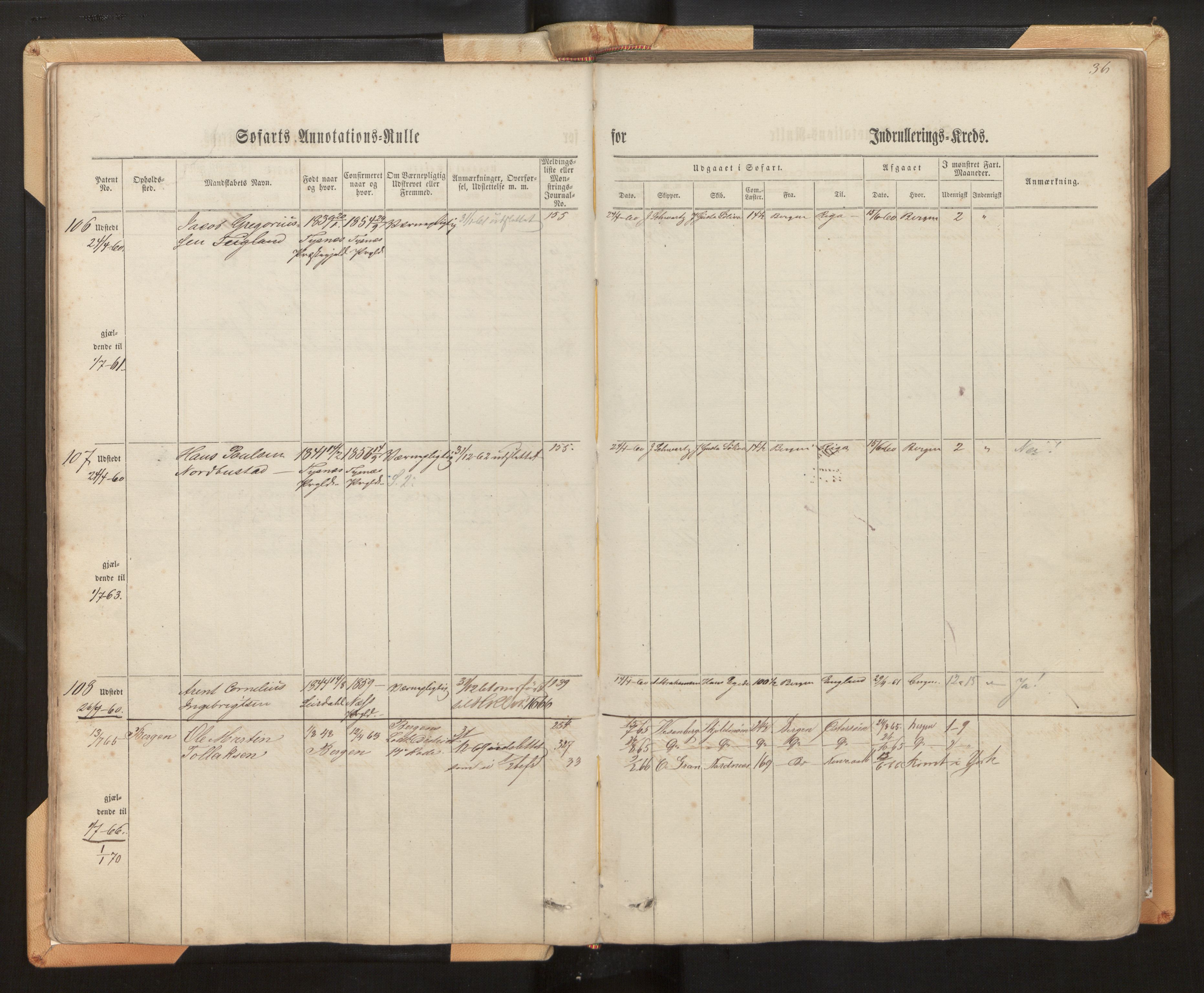 Innrulleringssjefen i Bergen, AV/SAB-A-100050/F/Fh/L0005: Sjøfarts- og annotasjonsrulle for Bergen krets, fol. 1 - 238, 1860-1867, p. 36