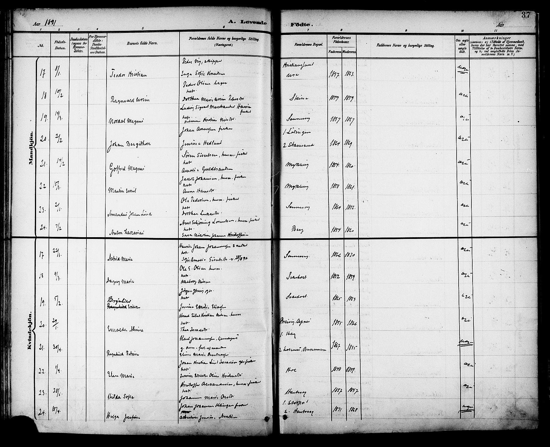 Ministerialprotokoller, klokkerbøker og fødselsregistre - Nordland, AV/SAT-A-1459/882/L1179: Parish register (official) no. 882A01, 1886-1898, p. 37