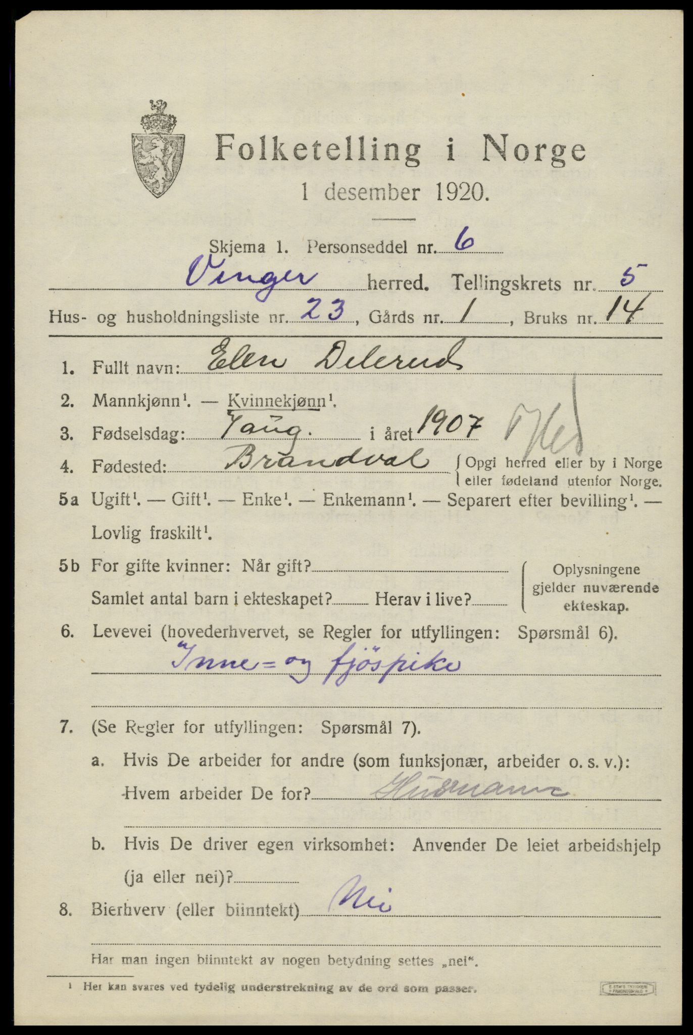 SAH, 1920 census for Vinger, 1920, p. 5968