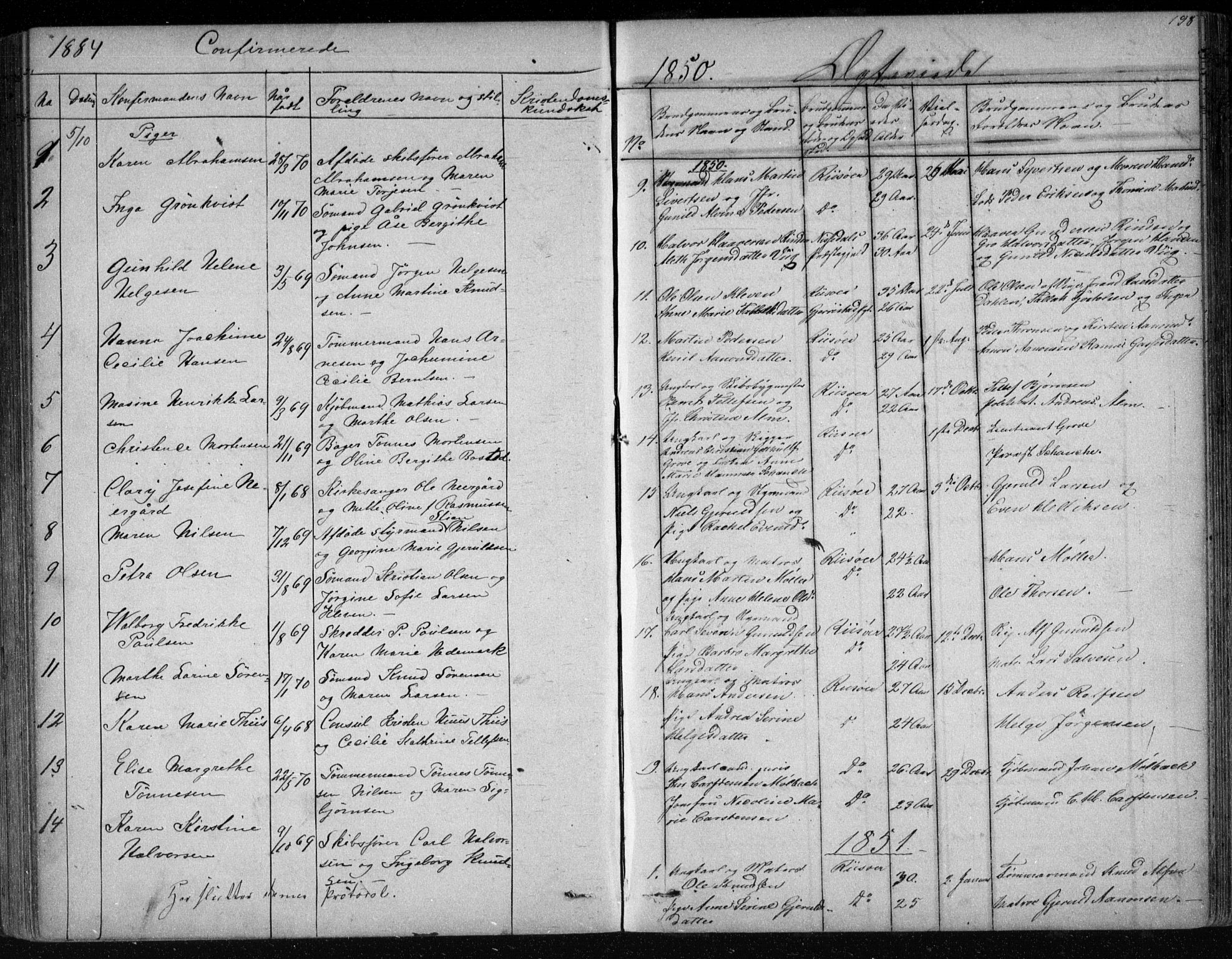 Risør sokneprestkontor, SAK/1111-0035/F/Fb/L0006: Parish register (copy) no. B 6, 1850-1884, p. 198