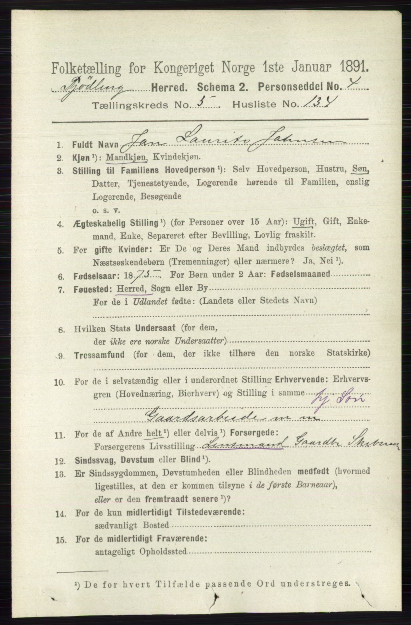 RA, 1891 census for 0725 Tjølling, 1891, p. 2791