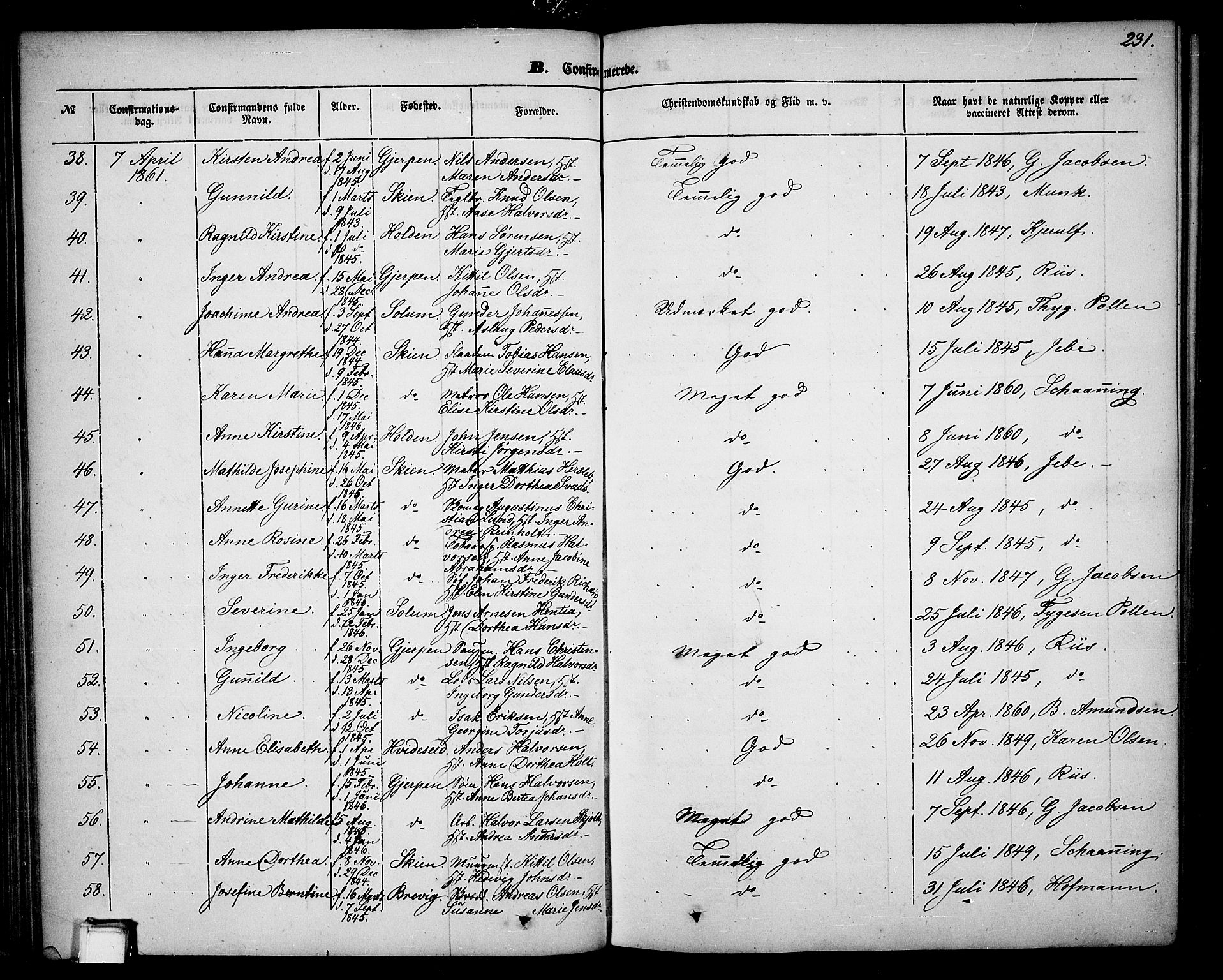 Skien kirkebøker, AV/SAKO-A-302/G/Ga/L0004: Parish register (copy) no. 4, 1843-1867, p. 231