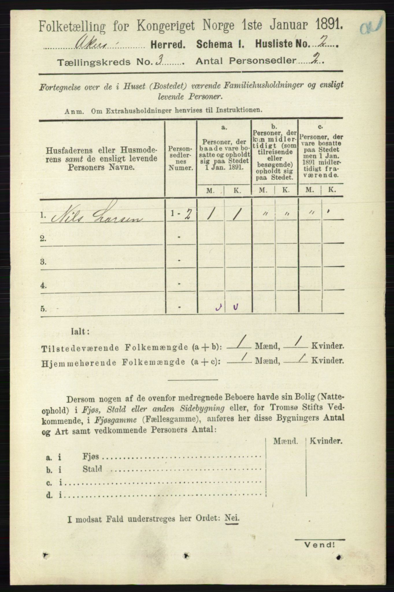 RA, 1891 census for 0218 Aker, 1891, p. 2830