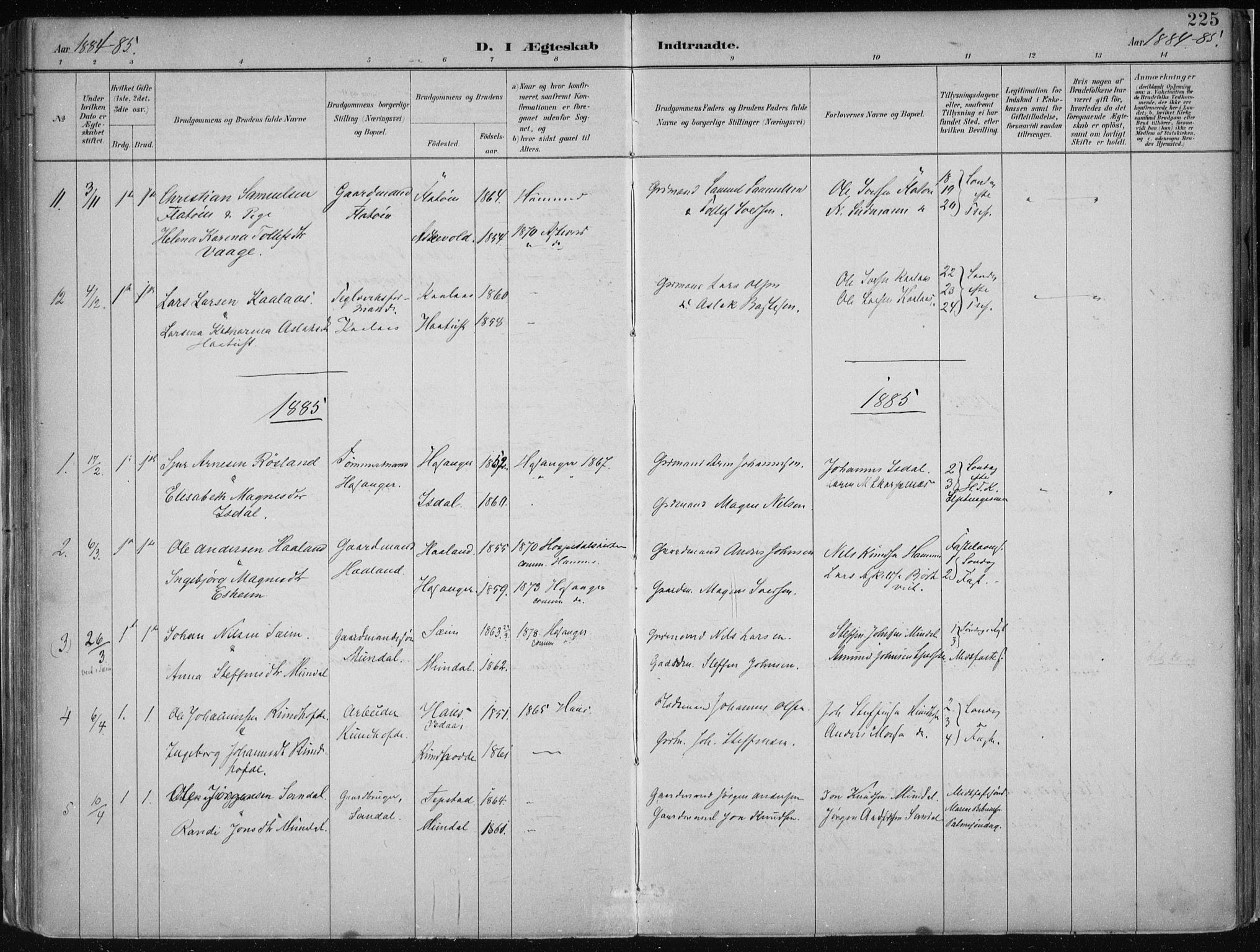 Hamre sokneprestembete, SAB/A-75501/H/Ha/Haa/Haab/L0001: Parish register (official) no. B  1, 1882-1905, p. 225