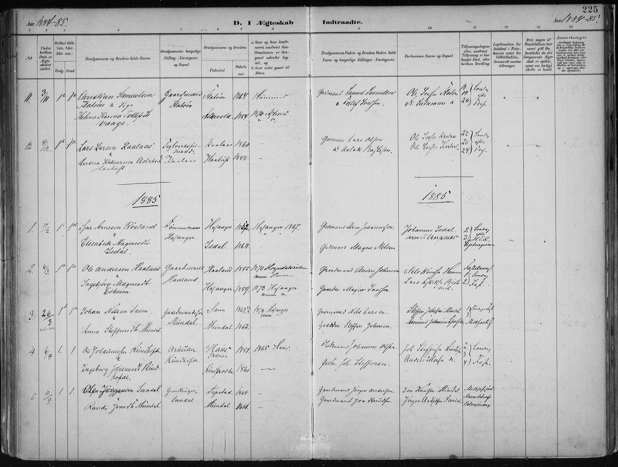 Hamre sokneprestembete, AV/SAB-A-75501/H/Ha/Haa/Haab/L0001: Parish register (official) no. B  1, 1882-1905, p. 225