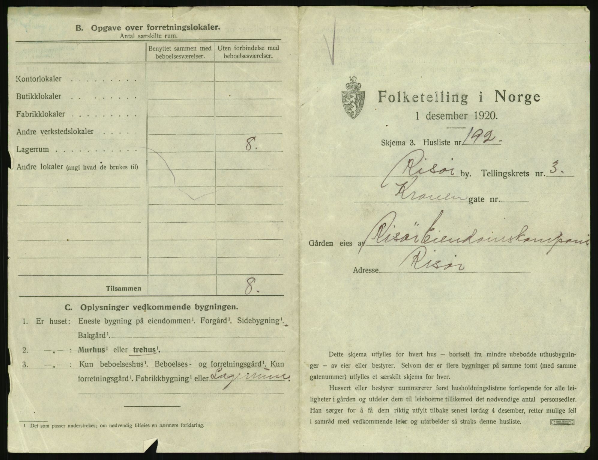 SAK, 1920 census for Risør, 1920, p. 1327