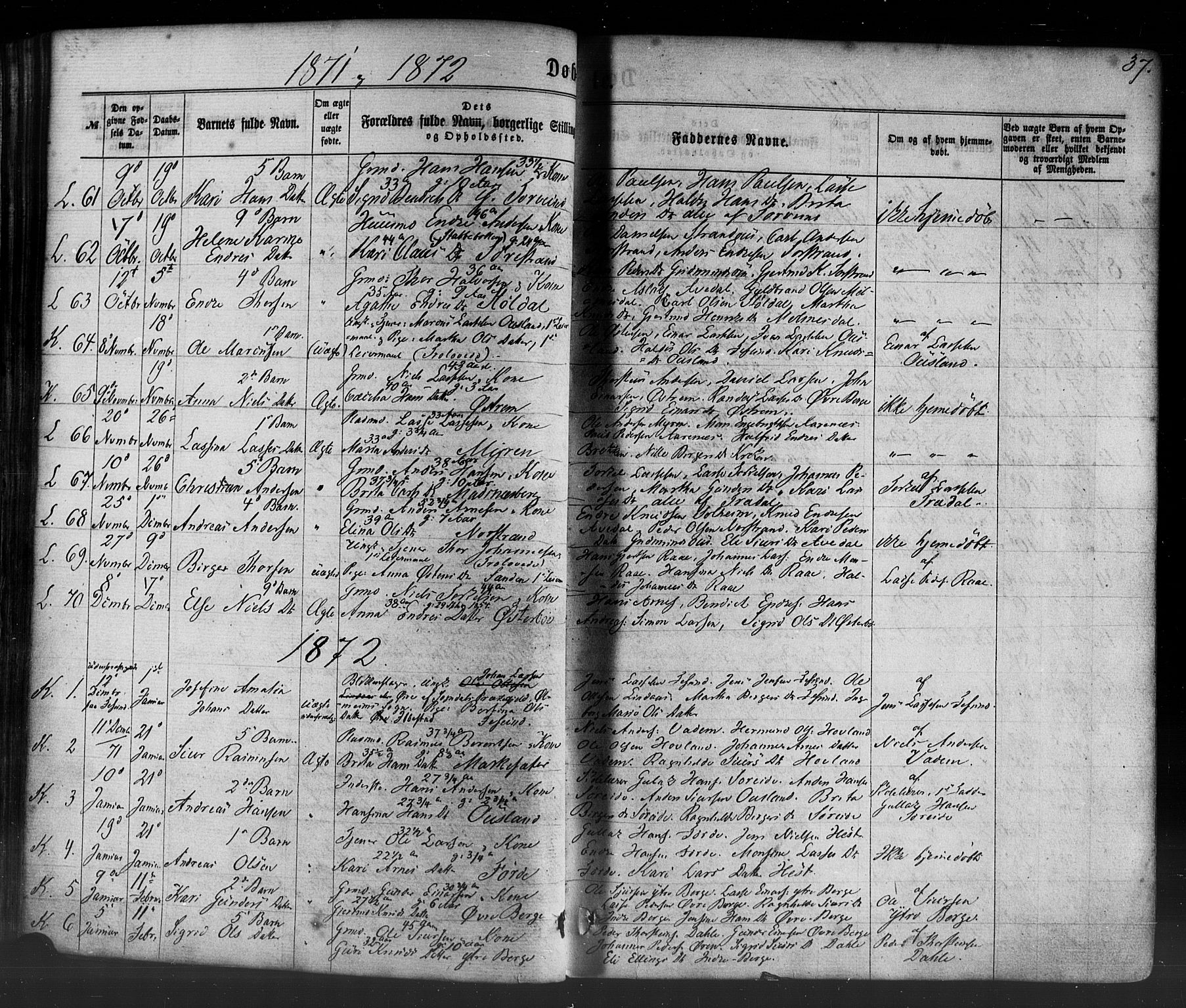Lavik sokneprestembete, AV/SAB-A-80901: Parish register (official) no. A 4, 1864-1881, p. 37
