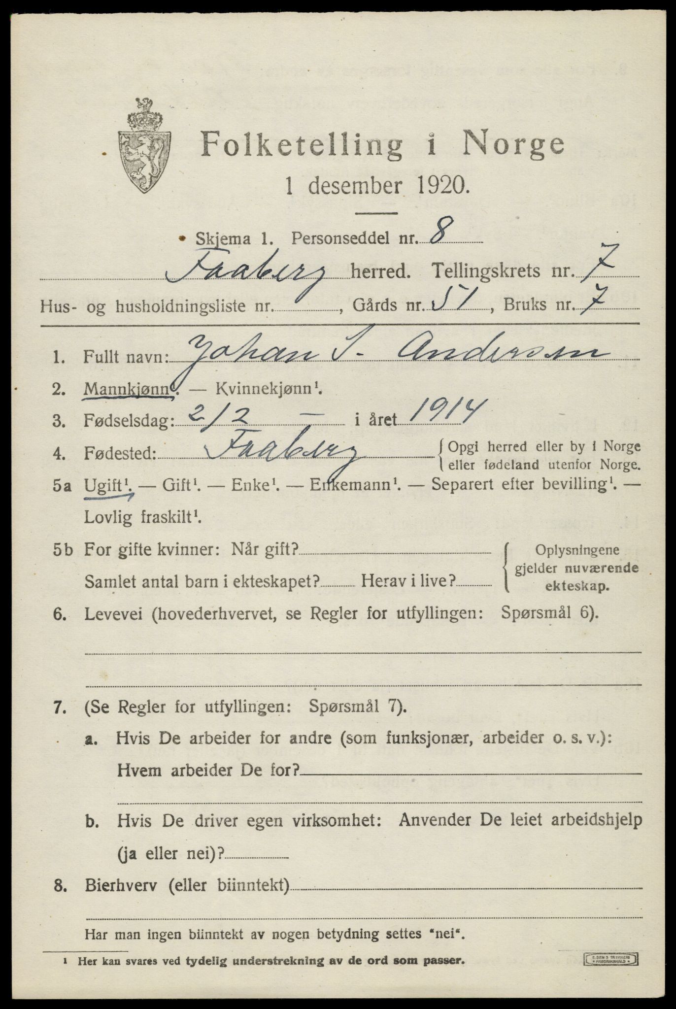 SAH, 1920 census for Fåberg, 1920, p. 8604