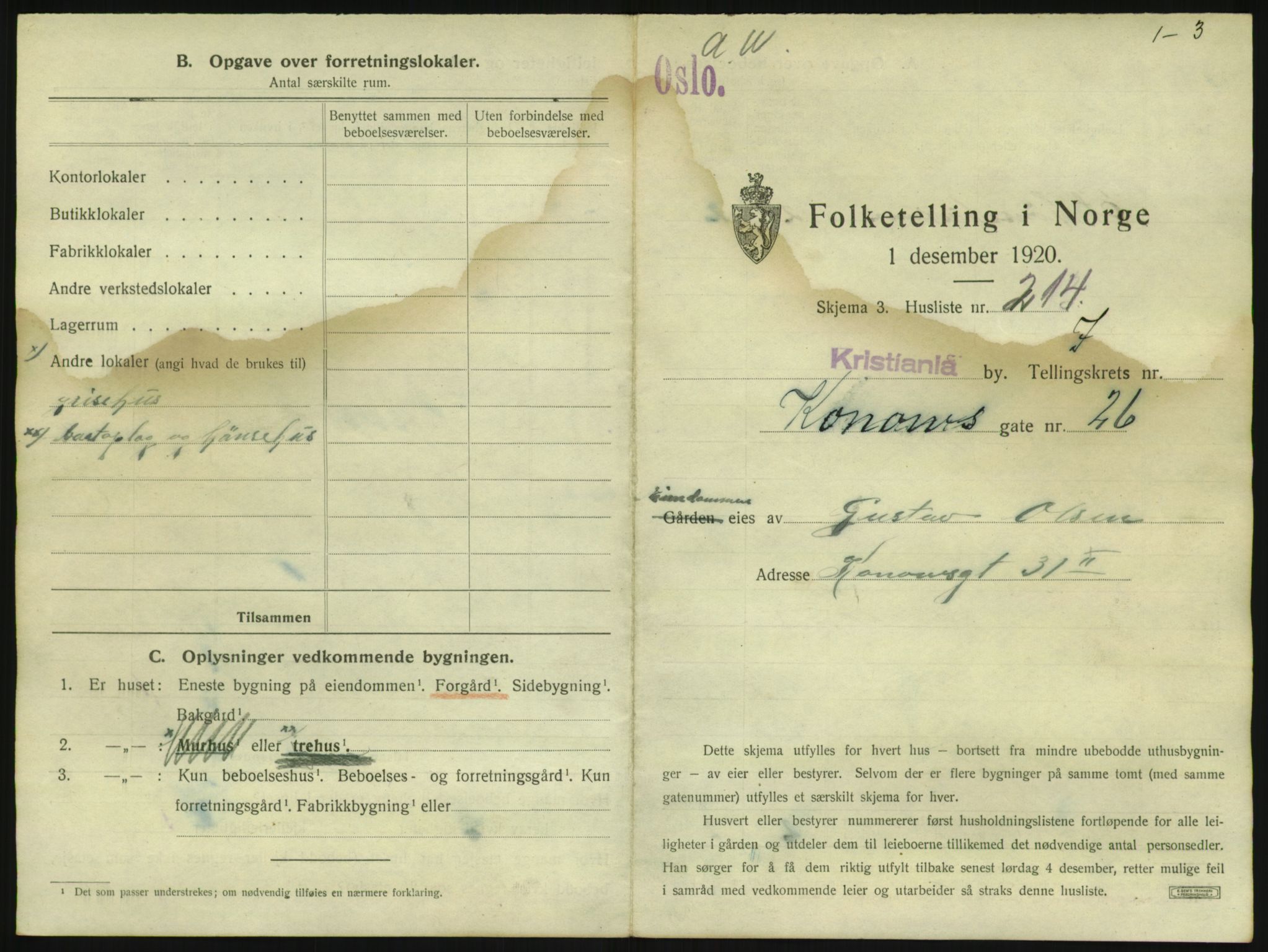 SAO, 1920 census for Kristiania, 1920, p. 54318