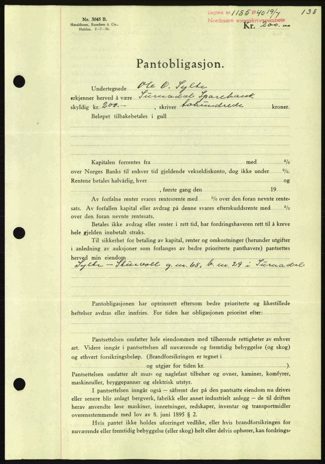 Nordmøre sorenskriveri, AV/SAT-A-4132/1/2/2Ca: Mortgage book no. B87, 1940-1941, Diary no: : 1185/1940