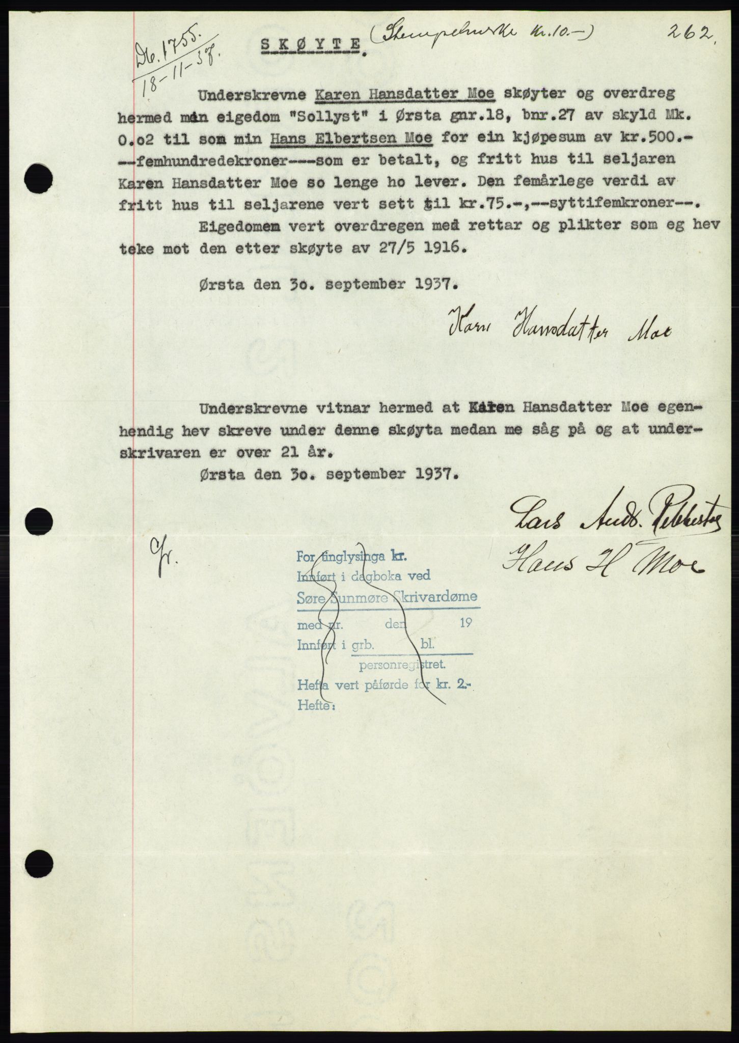 Søre Sunnmøre sorenskriveri, AV/SAT-A-4122/1/2/2C/L0064: Mortgage book no. 58, 1937-1938, Diary no: : 1755/1937