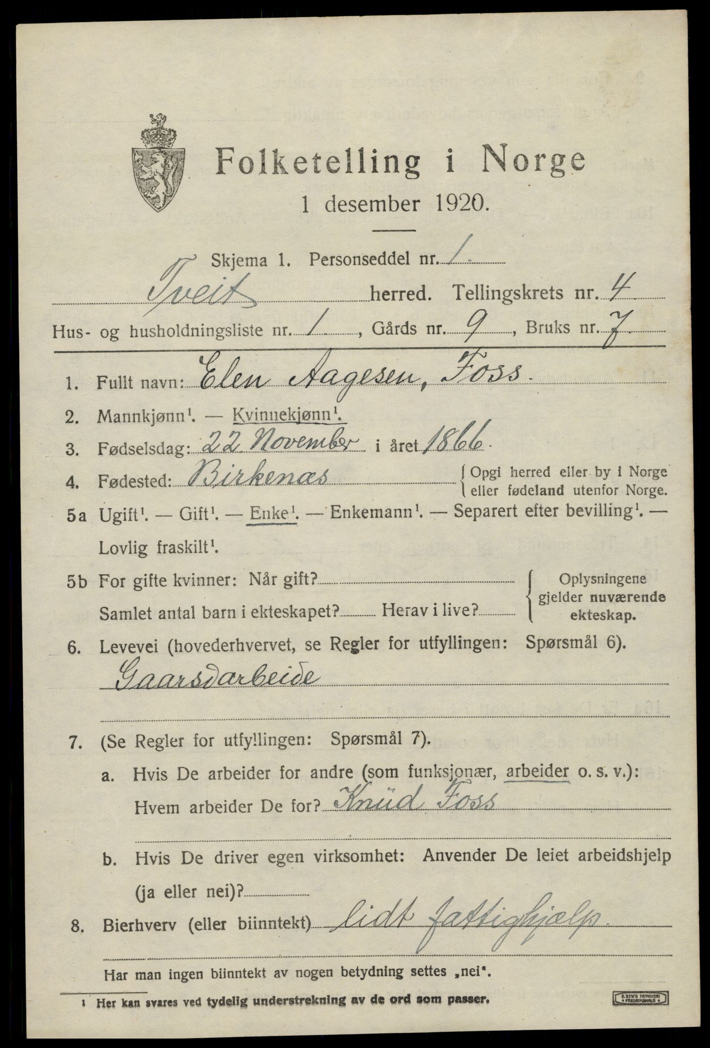 SAK, 1920 census for Tveit, 1920, p. 1978