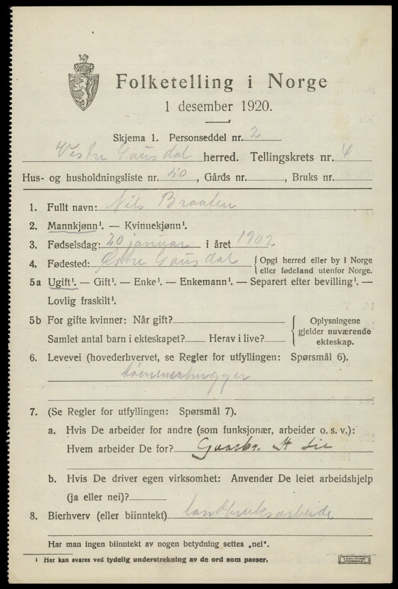 SAH, 1920 census for Vestre Gausdal, 1920, p. 3693