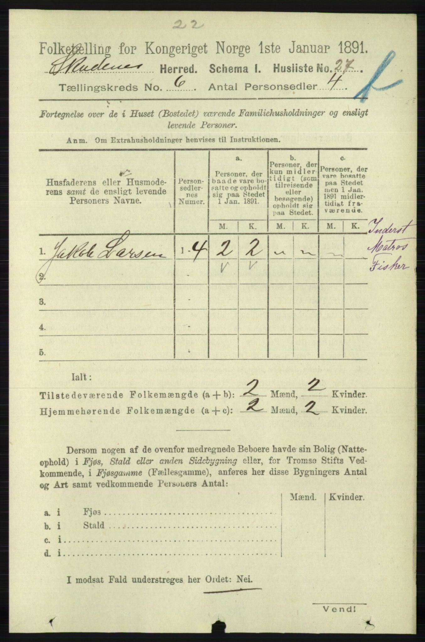 RA, 1891 census for 1150 Skudenes, 1891, p. 5585