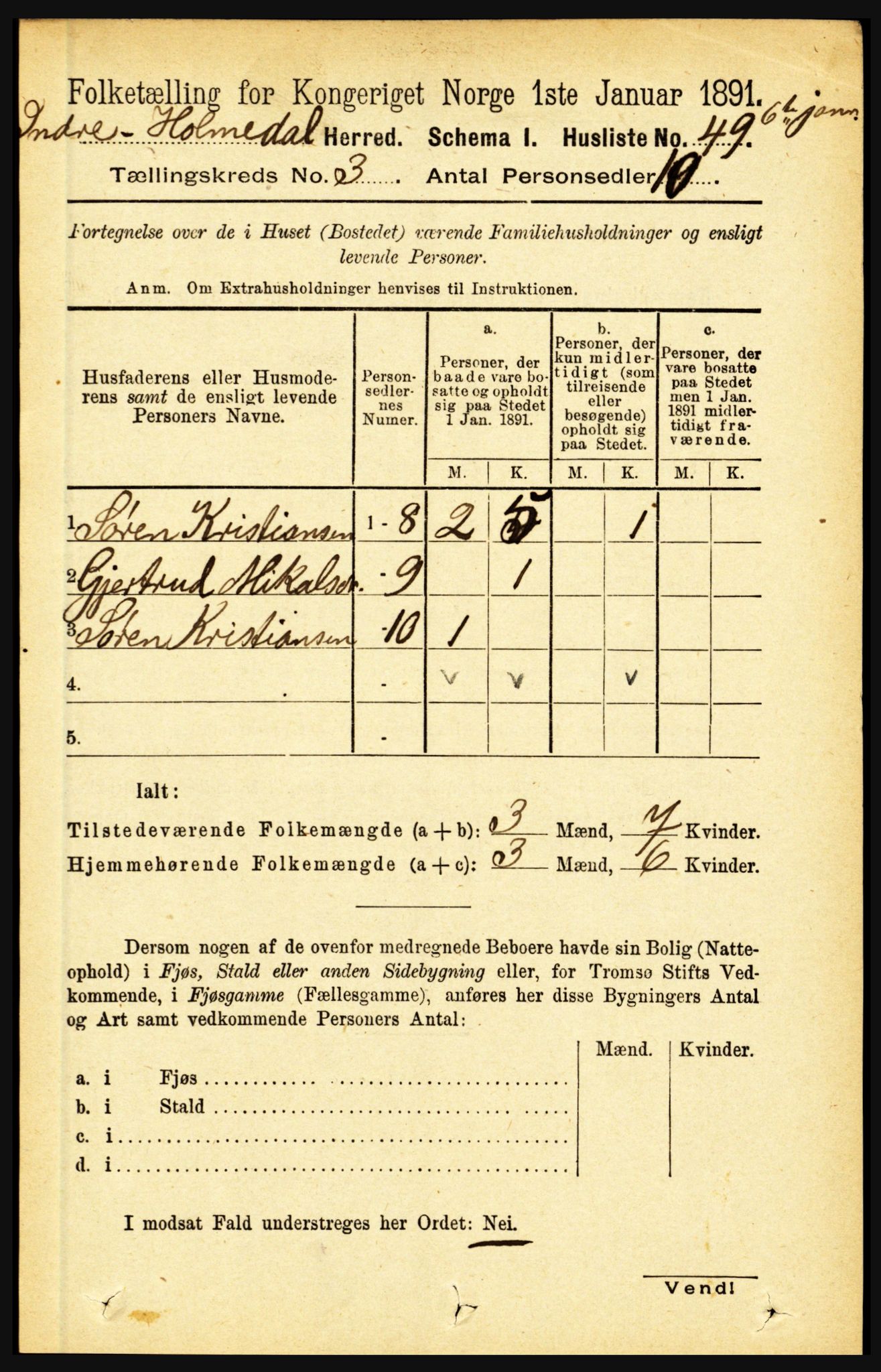 RA, 1891 census for 1430 Indre Holmedal, 1891, p. 886