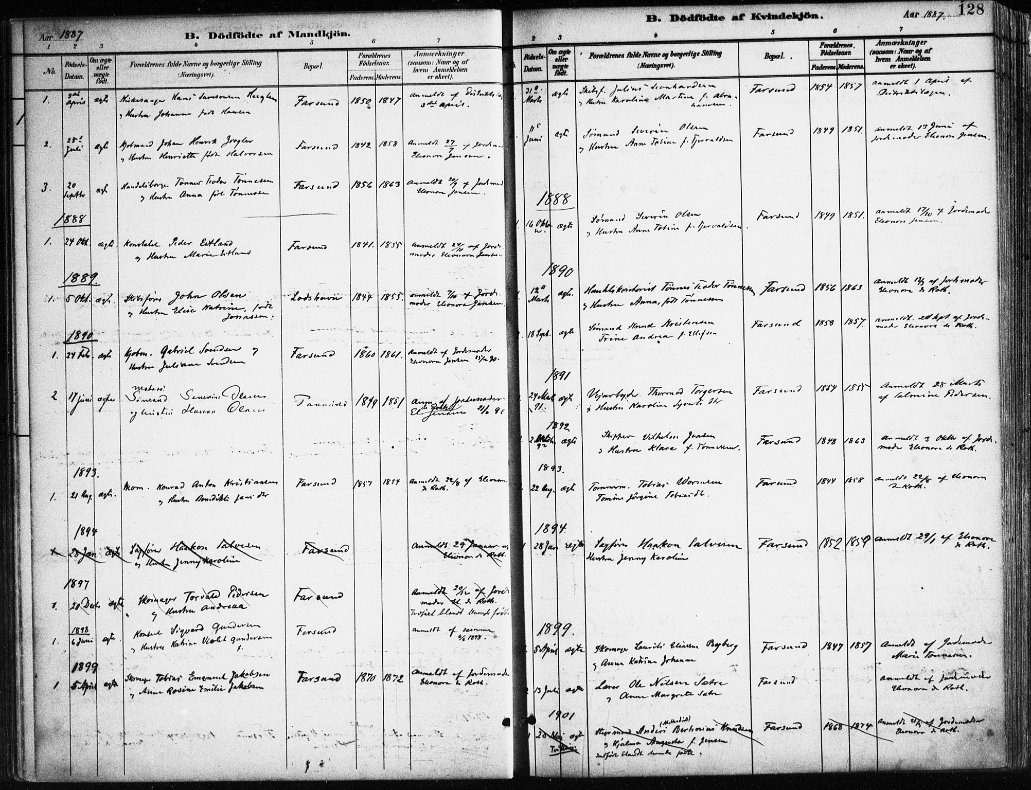 Farsund sokneprestkontor, SAK/1111-0009/F/Fa/L0006: Parish register (official) no. A 6, 1887-1920, p. 128