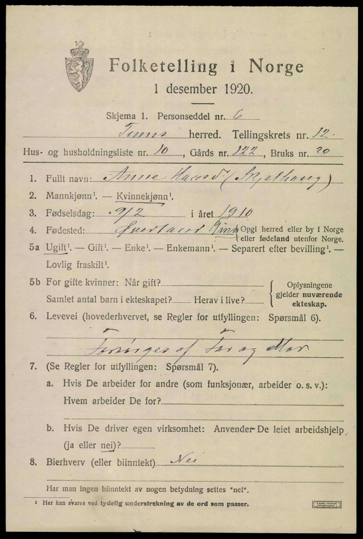 SAKO, 1920 census for Tinn, 1920, p. 7742