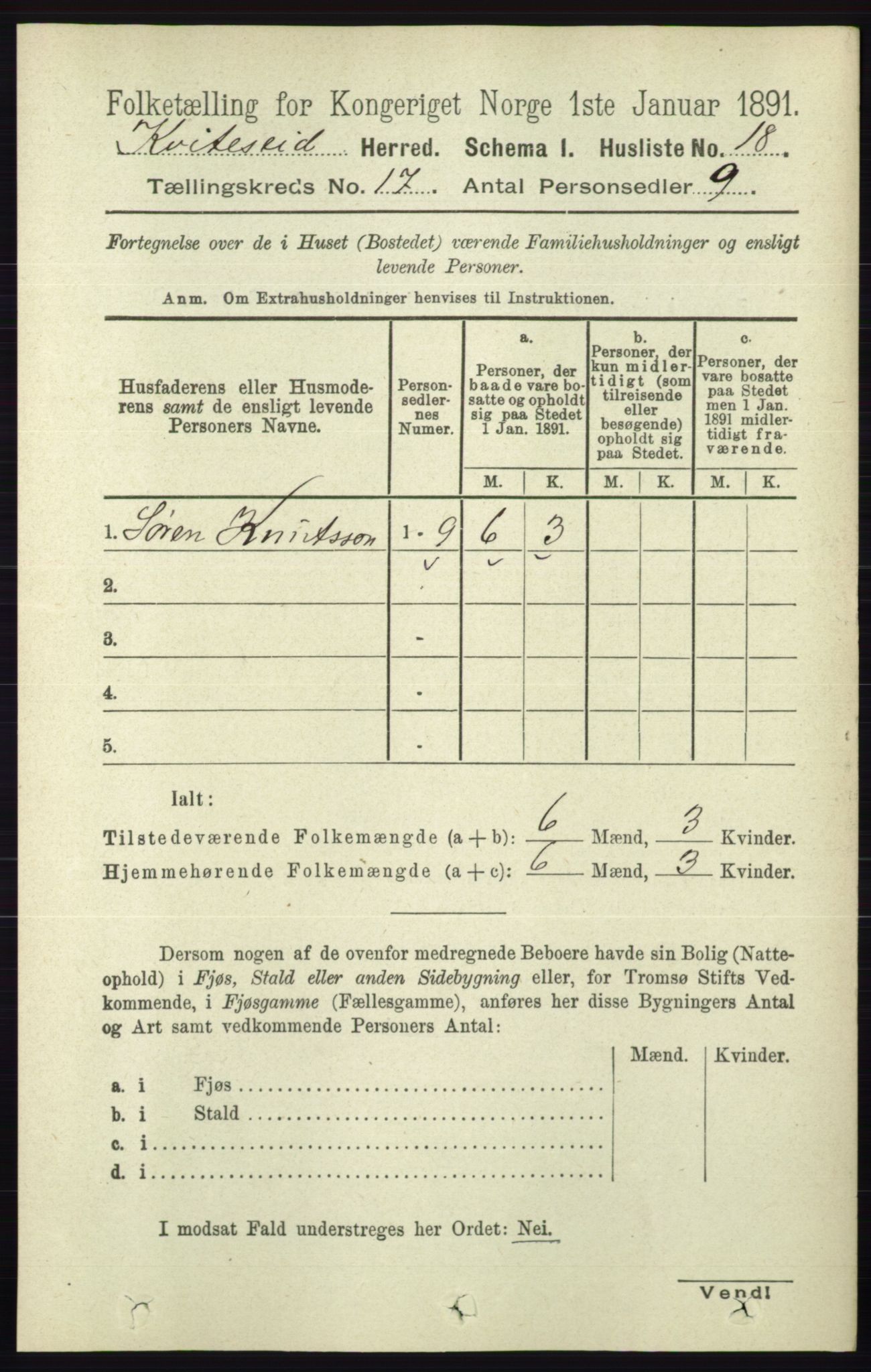 RA, 1891 census for 0829 Kviteseid, 1891, p. 3771