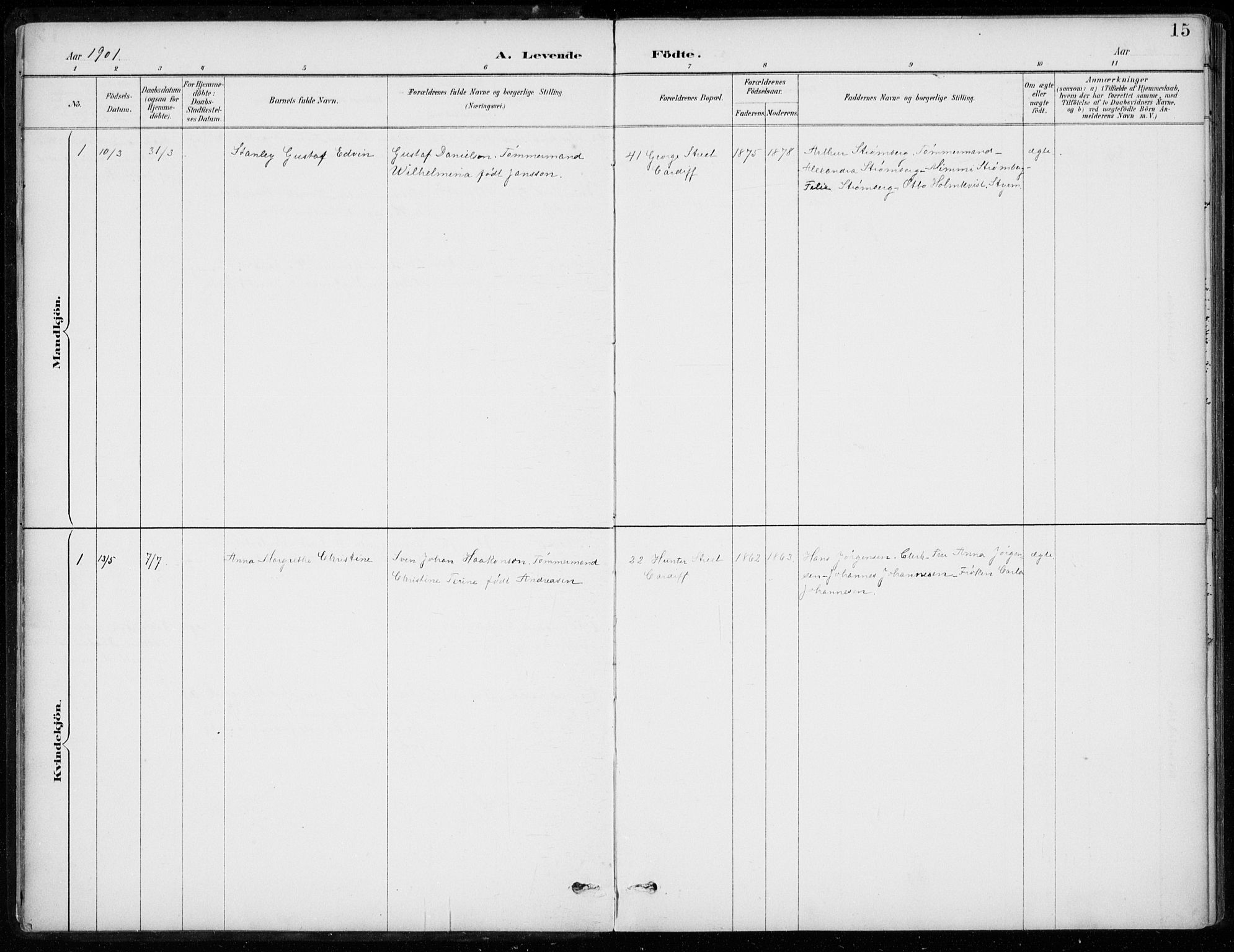 Den norske sjømannsmisjon i utlandet/Bristolhavnene(Cardiff-Swansea), SAB/SAB/PA-0102/H/Ha/Haa/L0002: Parish register (official) no. A 2, 1887-1932, p. 15