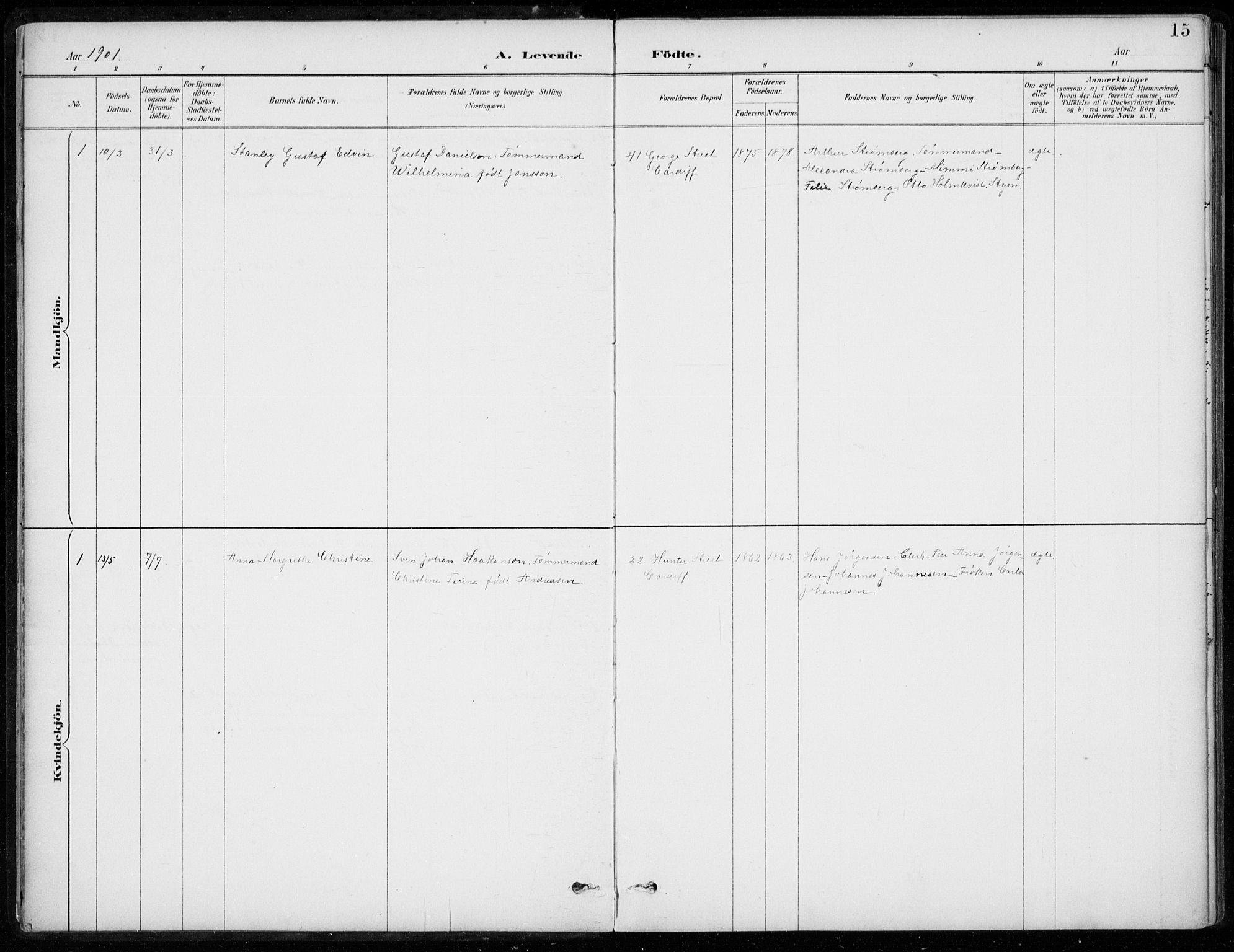 Den norske sjømannsmisjon i utlandet/Bristolhavnene(Cardiff-Swansea), AV/SAB-SAB/PA-0102/H/Ha/Haa/L0002: Parish register (official) no. A 2, 1887-1932, p. 15