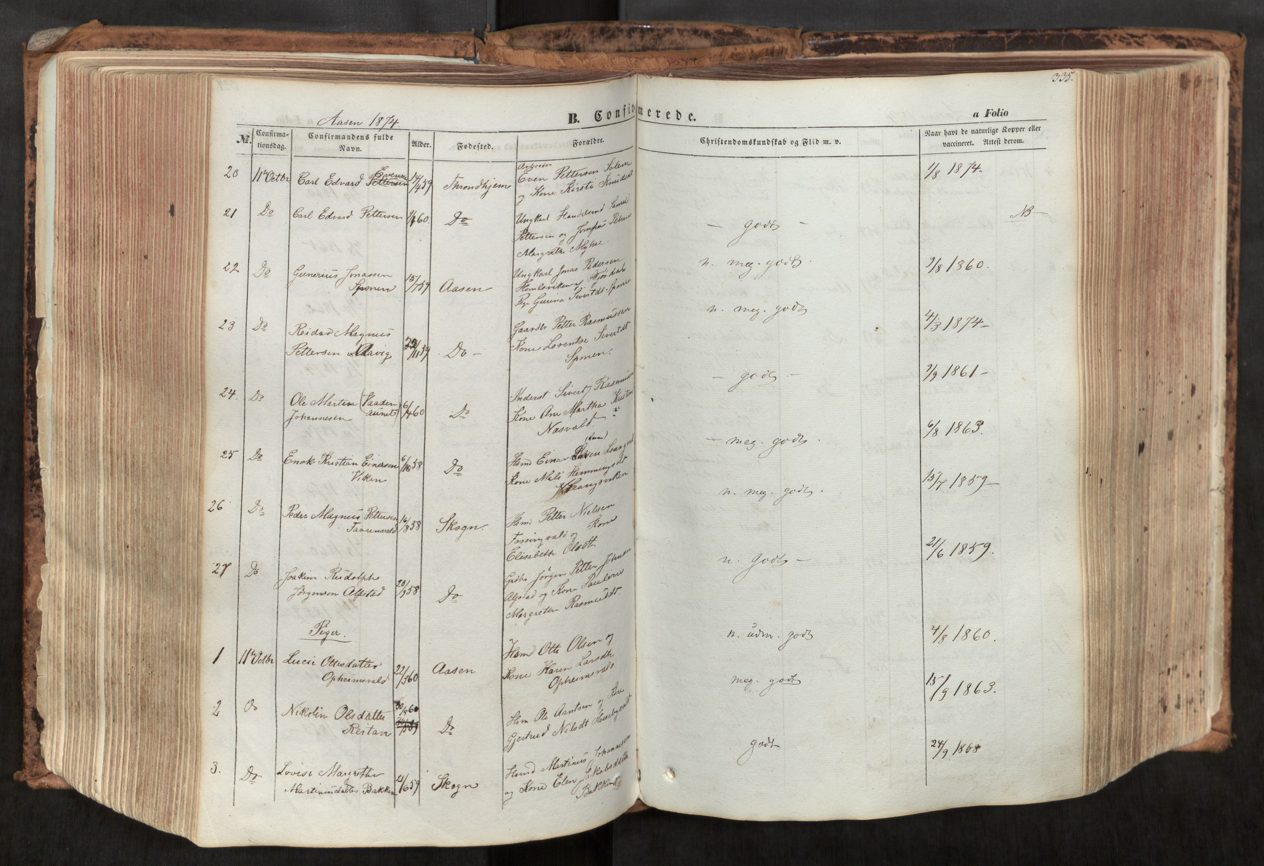 Ministerialprotokoller, klokkerbøker og fødselsregistre - Nord-Trøndelag, SAT/A-1458/713/L0116: Parish register (official) no. 713A07, 1850-1877, p. 335