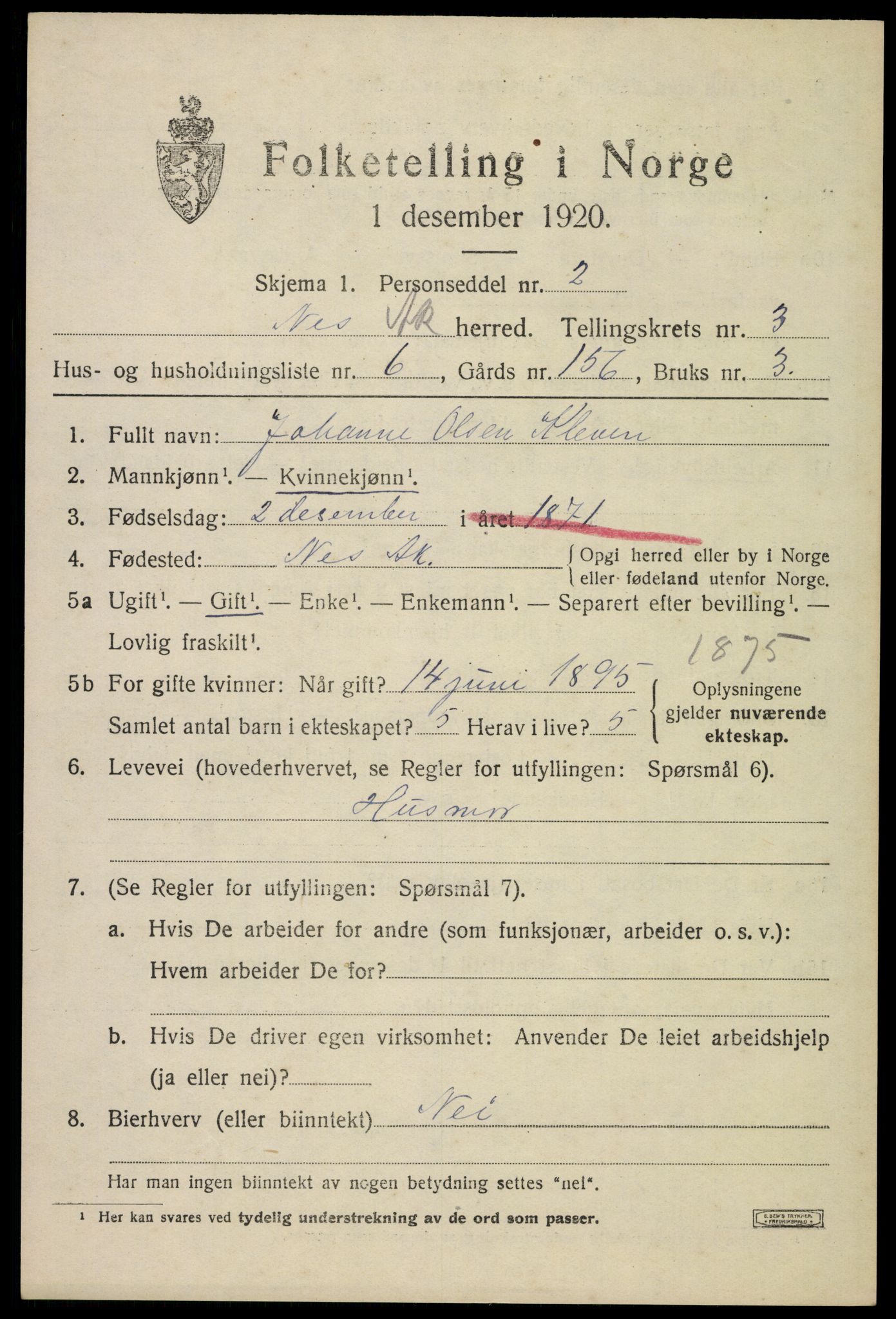 SAO, 1920 census for Nes, 1920, p. 5850