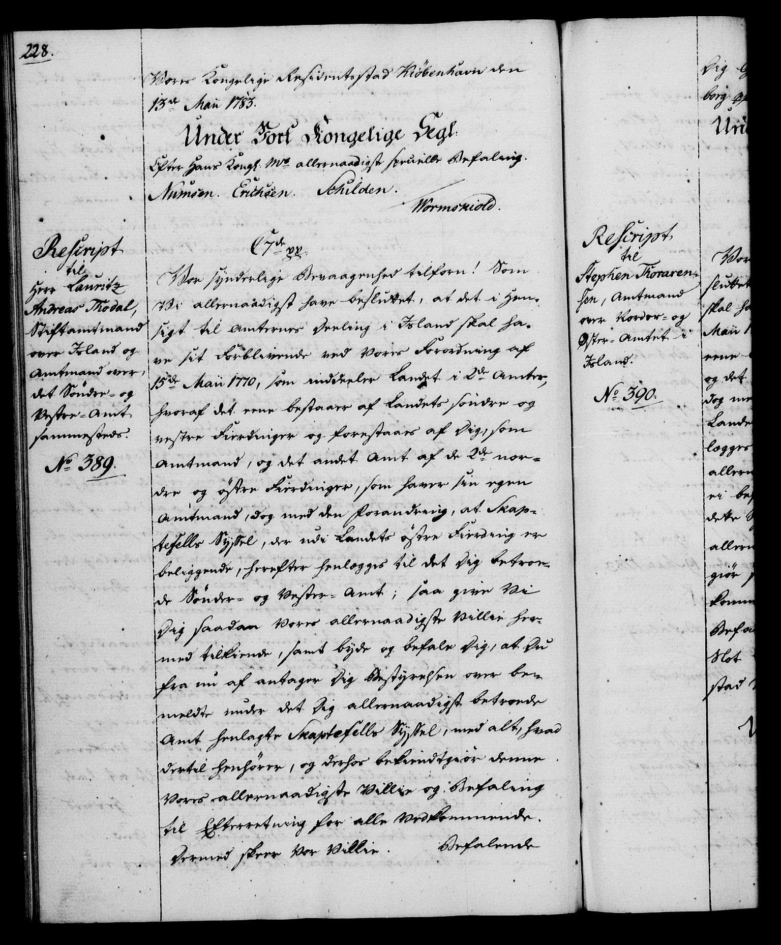 Rentekammeret, Kammerkanselliet, RA/EA-3111/G/Gg/Gga/L0012: Norsk ekspedisjonsprotokoll med register (merket RK 53.12), 1781-1783, p. 228
