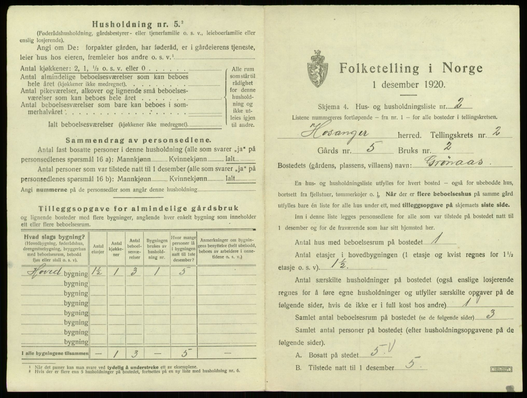 SAB, 1920 census for Hosanger, 1920, p. 100