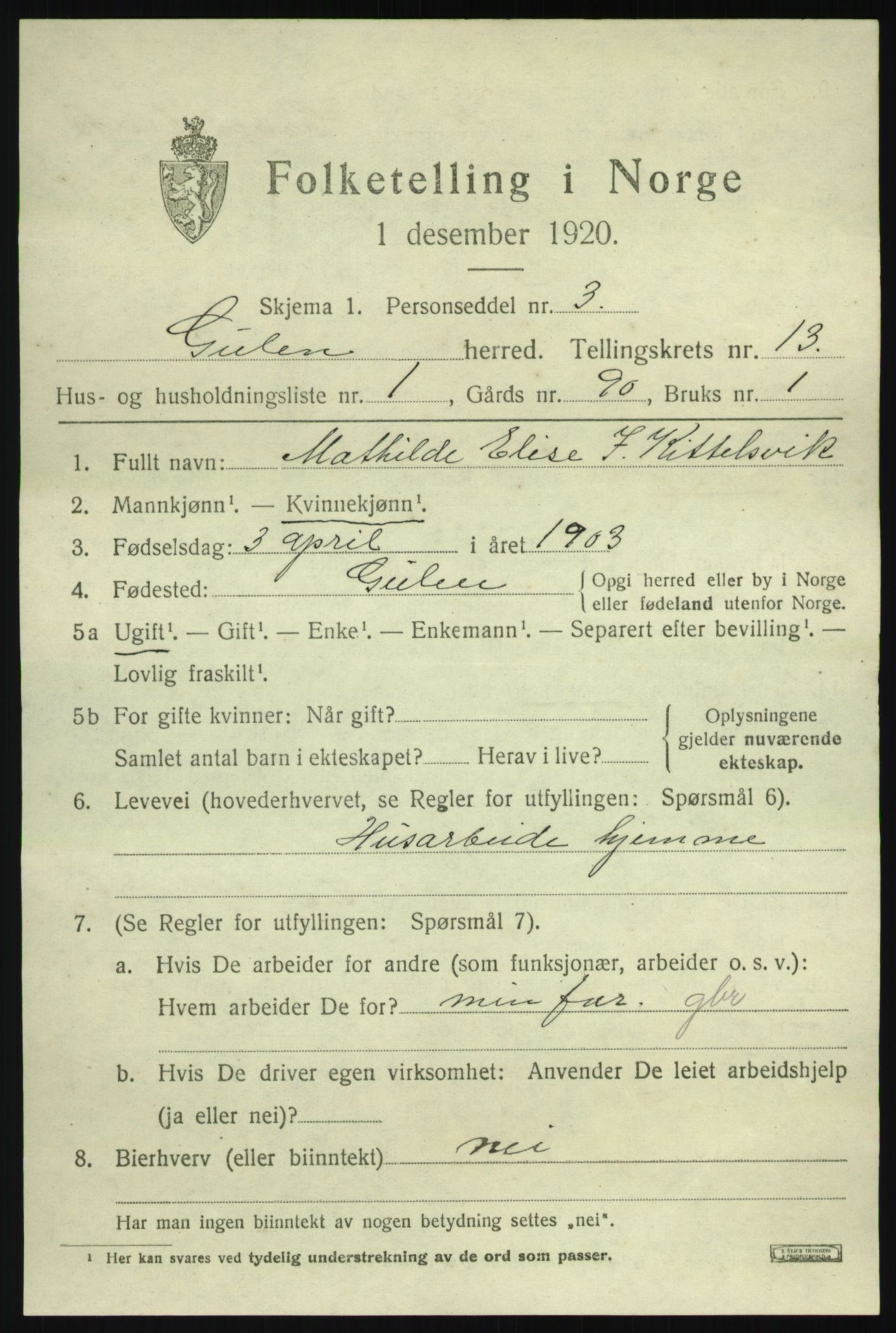 SAB, 1920 census for Gulen, 1920, p. 5801