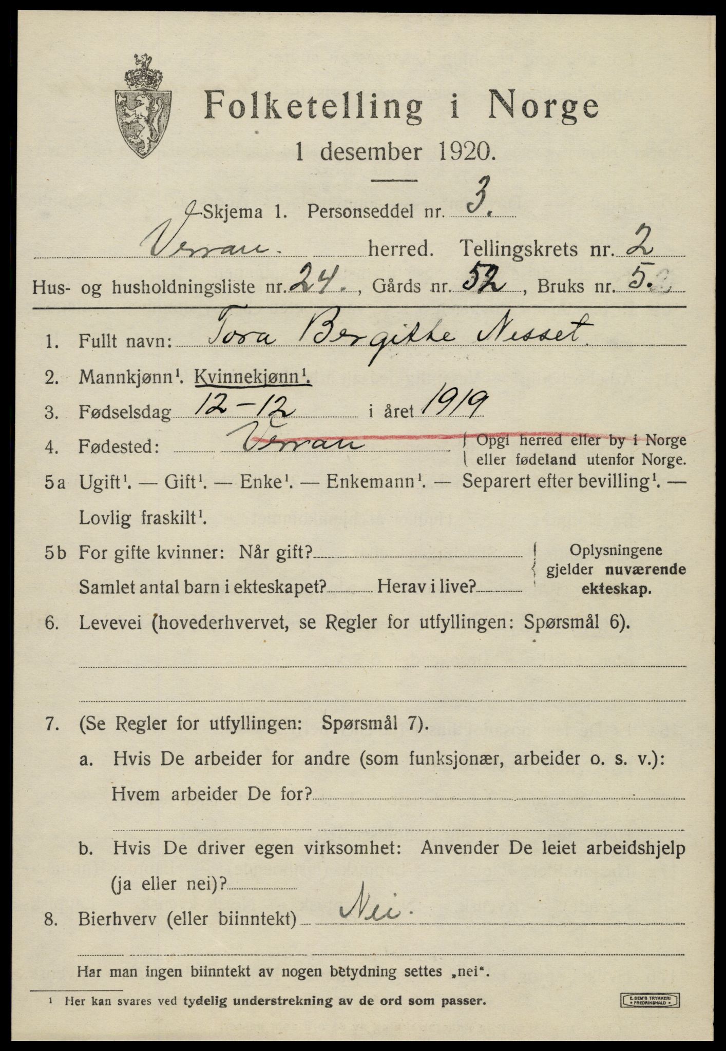 SAT, 1920 census for Verran, 1920, p. 1320