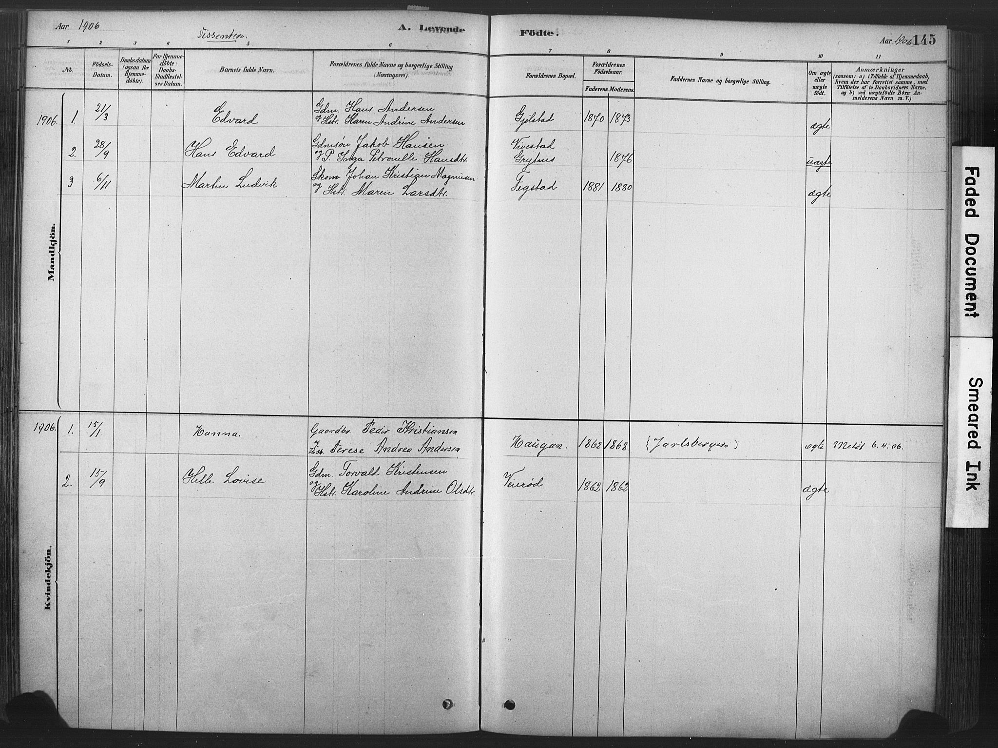 Våle kirkebøker, SAKO/A-334/F/Fa/L0011: Parish register (official) no. I 11, 1878-1906, p. 145