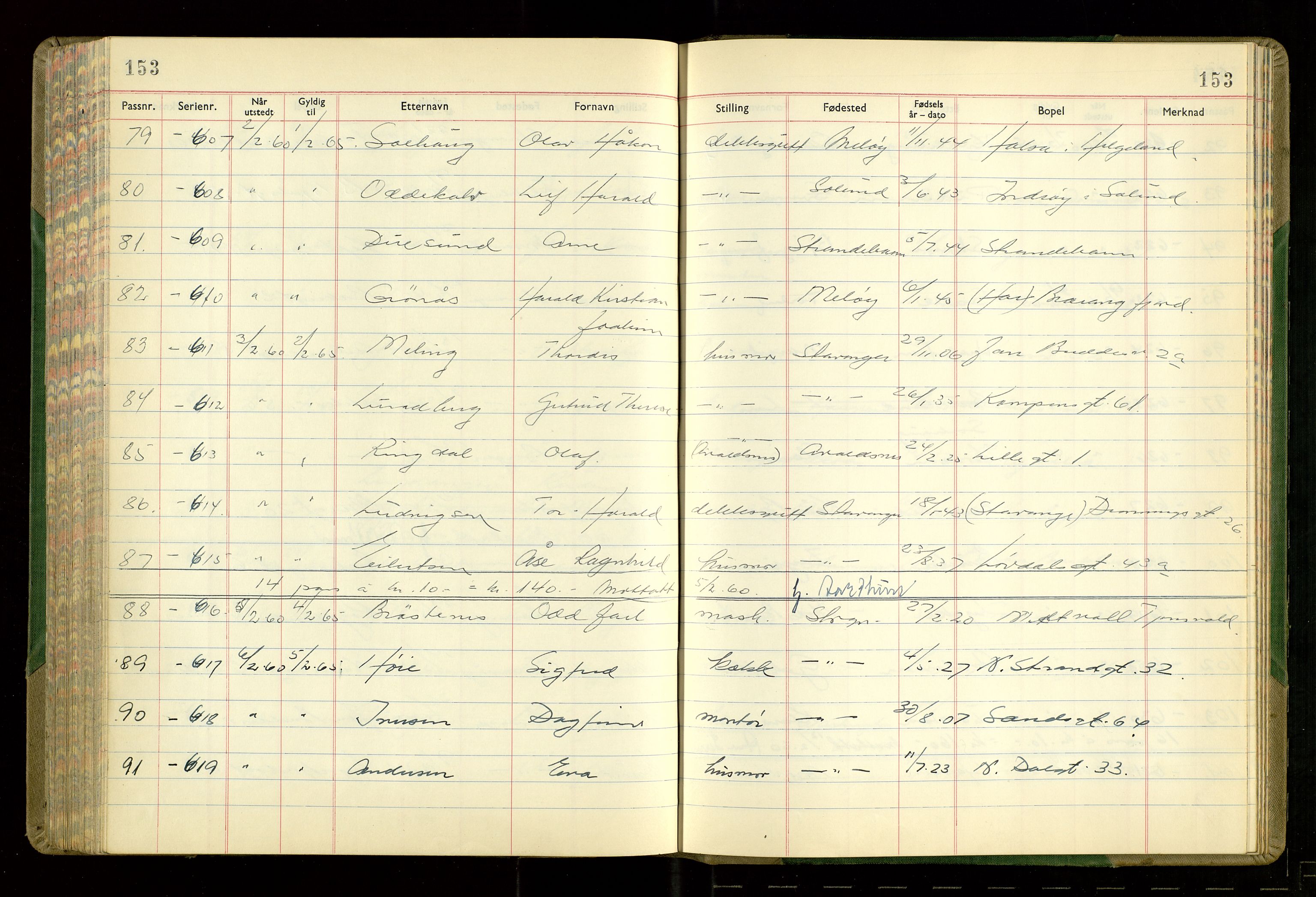 Stavanger politikammer, AV/SAST-A-100361/001/H/Hc/Hcd/Hcdb/L0007: "Passjournal", 1959-1960, p. 153