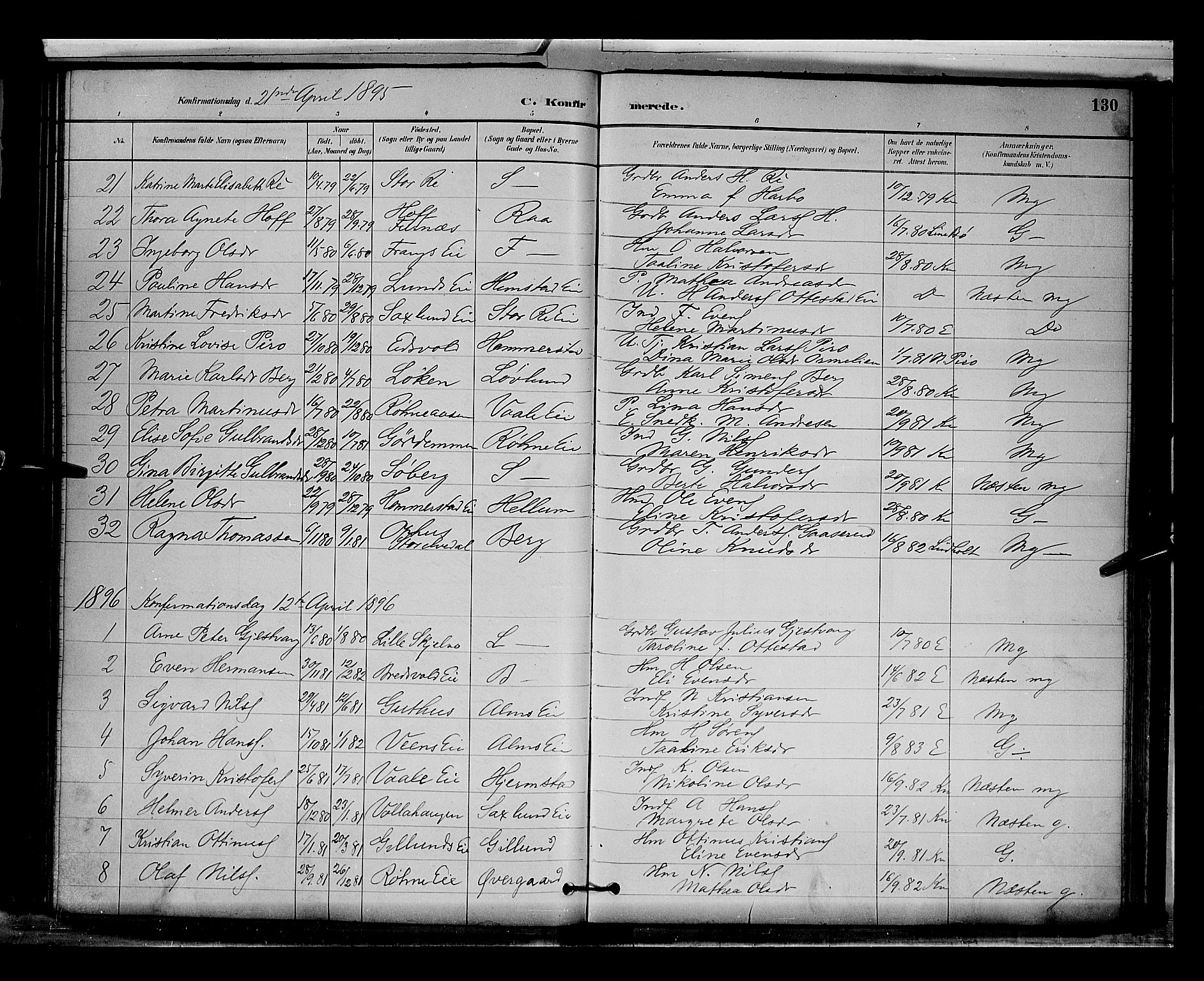 Stange prestekontor, SAH/PREST-002/L/L0009: Parish register (copy) no. 9, 1883-1899, p. 130
