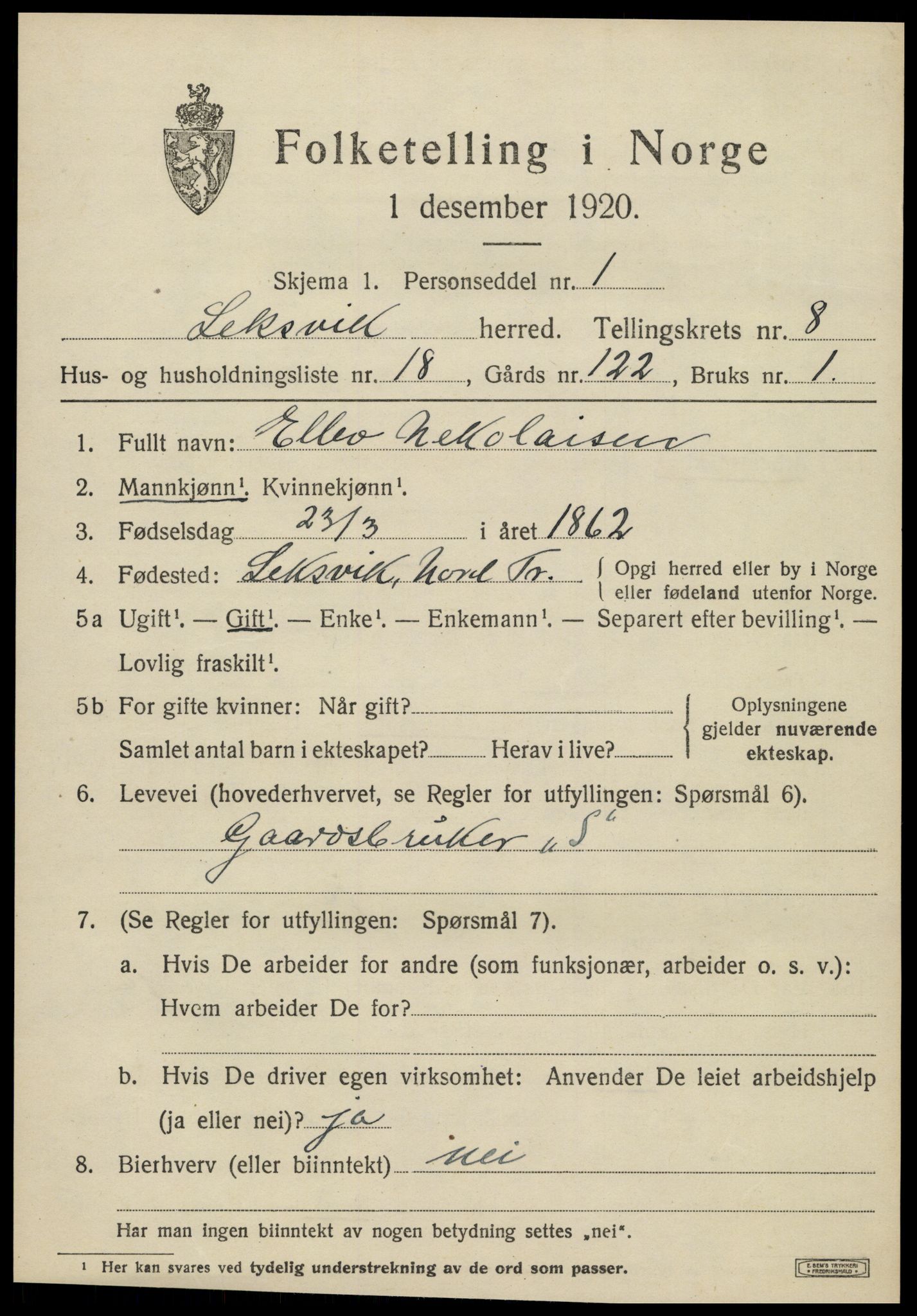 SAT, 1920 census for Leksvik, 1920, p. 6756