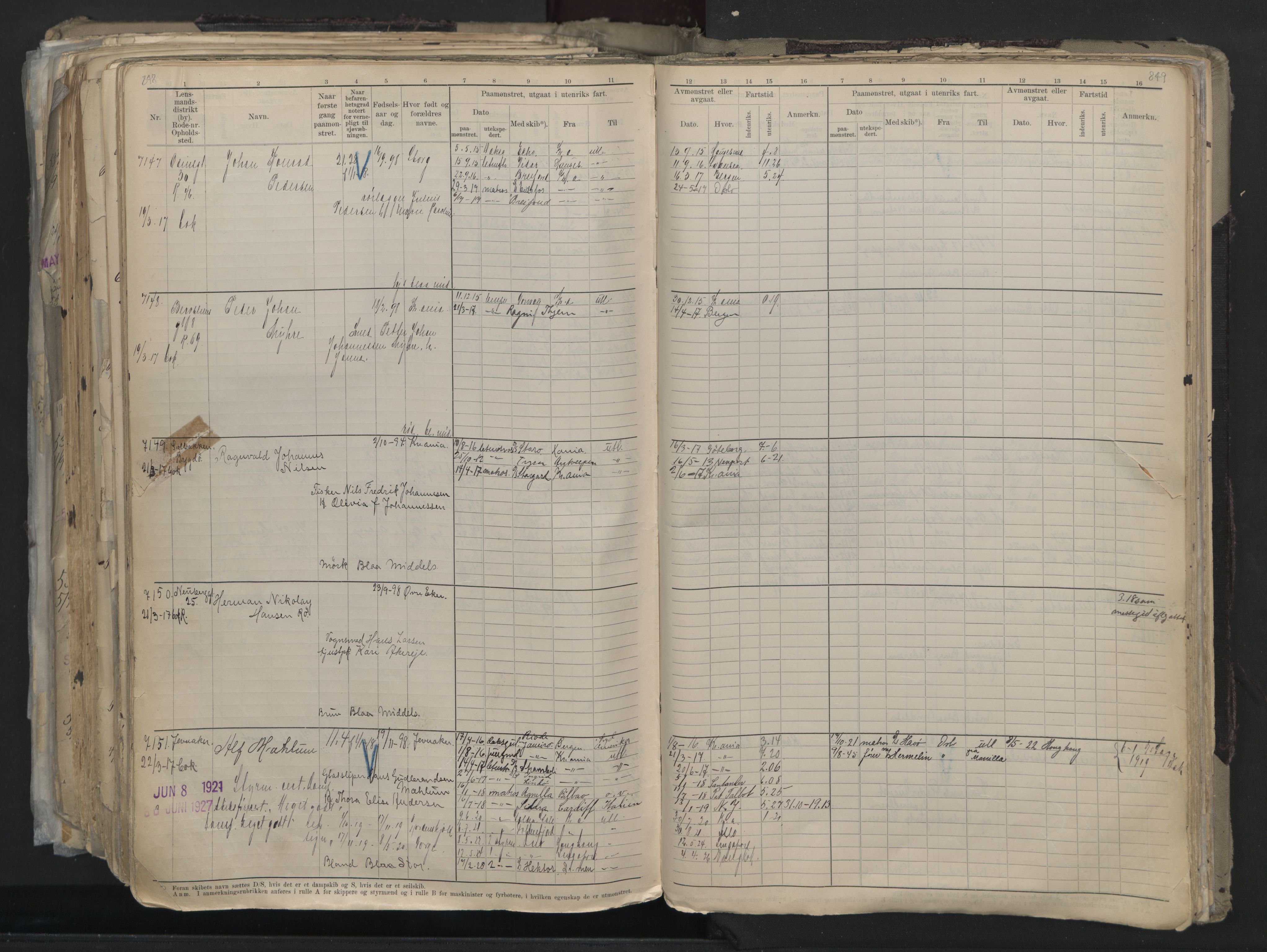 Oslo sjømannskontor, SAO/A-10595/F/Fc/L0005: Hovedrulle, 1911, p. 848-849