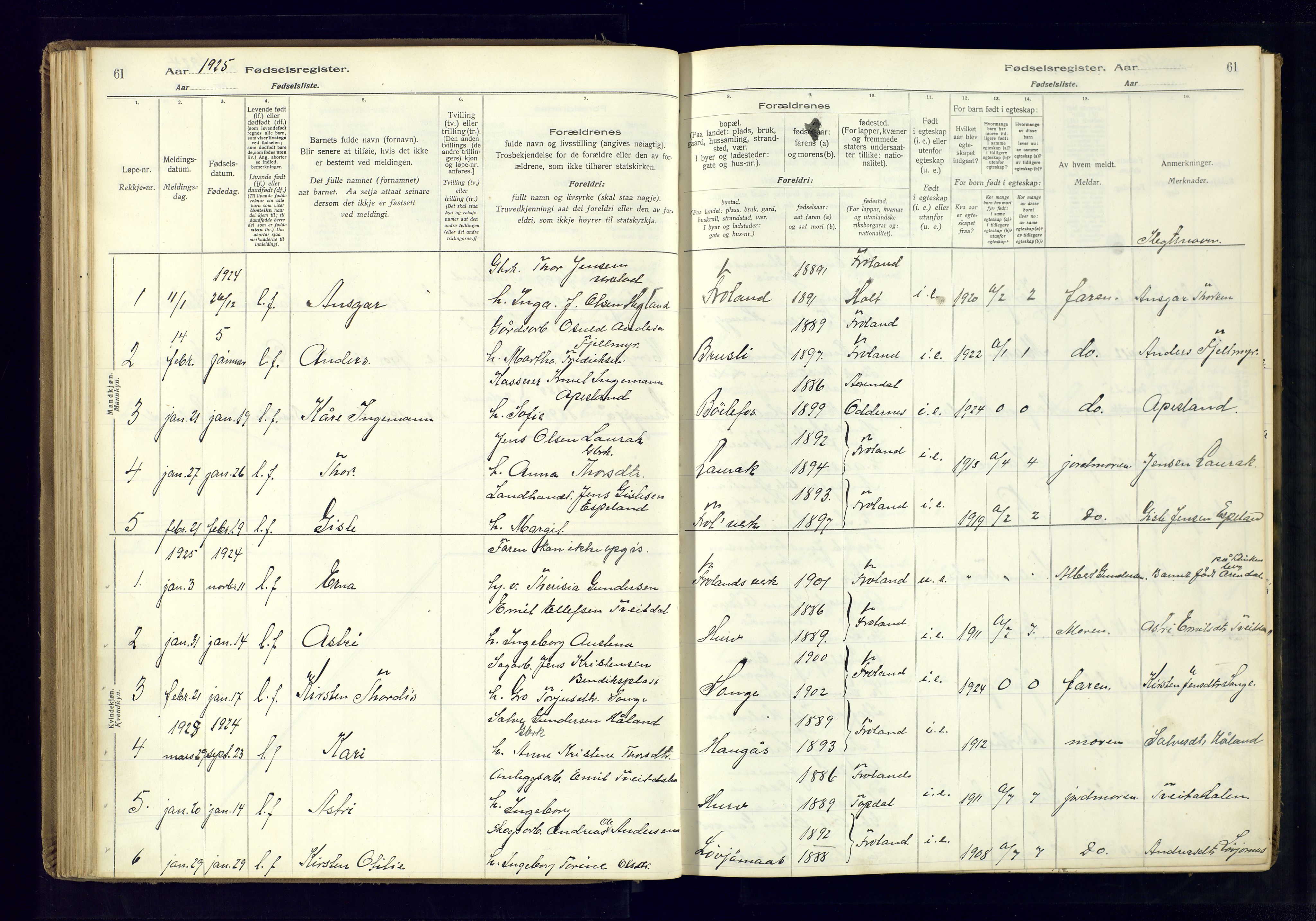 Froland sokneprestkontor, AV/SAK-1111-0013/J/Ja/L0001: Birth register no. 1, 1916-1950, p. 61