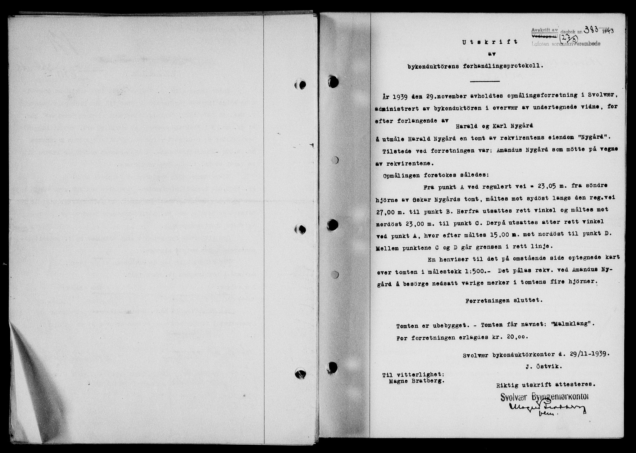 Lofoten sorenskriveri, SAT/A-0017/1/2/2C/L0011a: Mortgage book no. 11a, 1943-1943, Diary no: : 383/1943