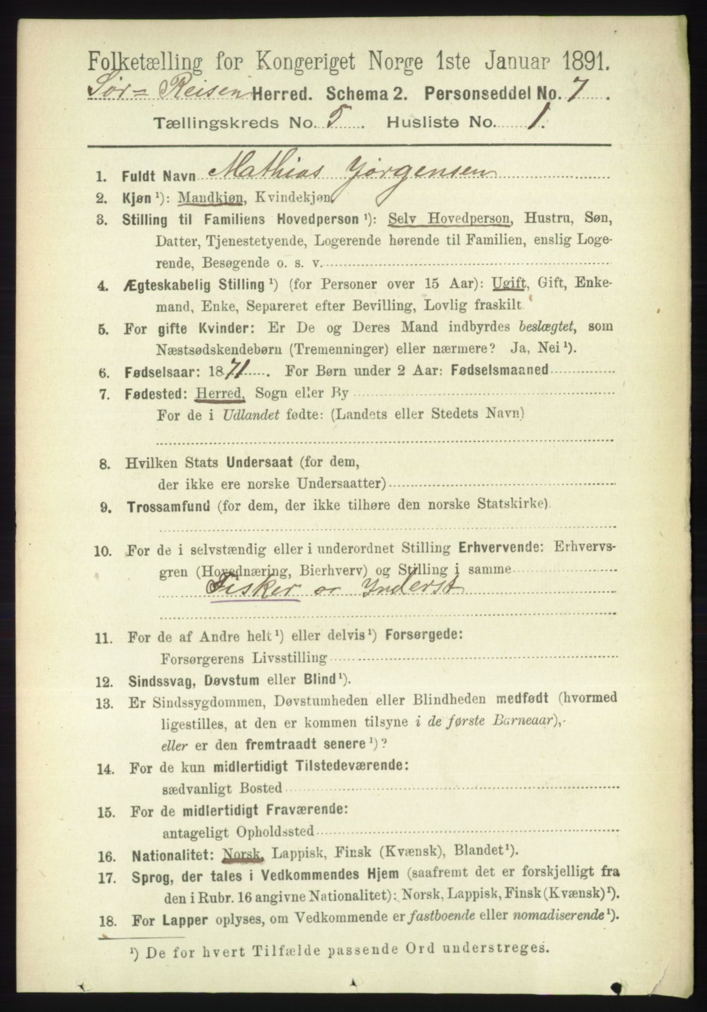 RA, 1891 census for 1925 Sørreisa, 1891, p. 1578