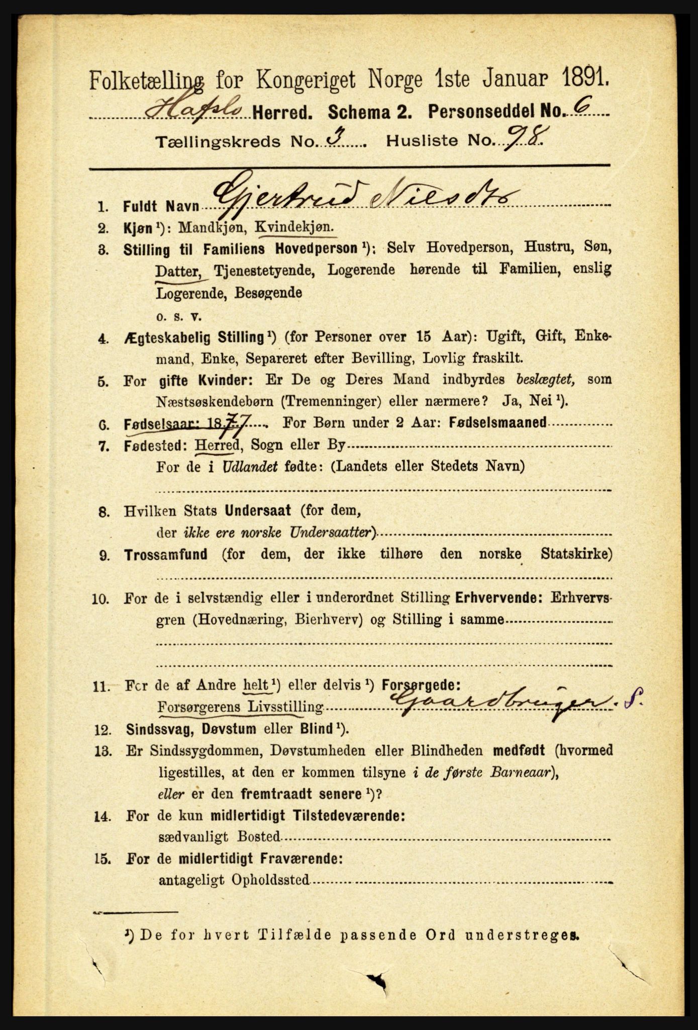 RA, 1891 census for 1425 Hafslo, 1891, p. 1509