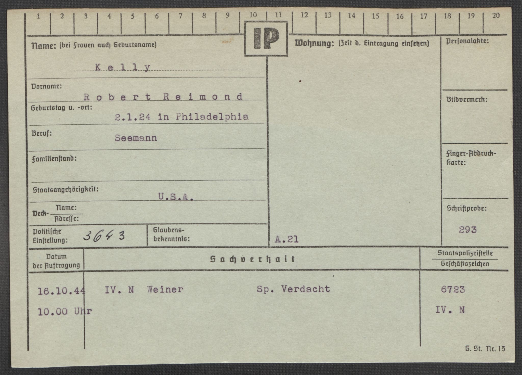 Befehlshaber der Sicherheitspolizei und des SD, AV/RA-RAFA-5969/E/Ea/Eaa/L0005: Register over norske fanger i Møllergata 19: Hø-Kj, 1940-1945, p. 1317