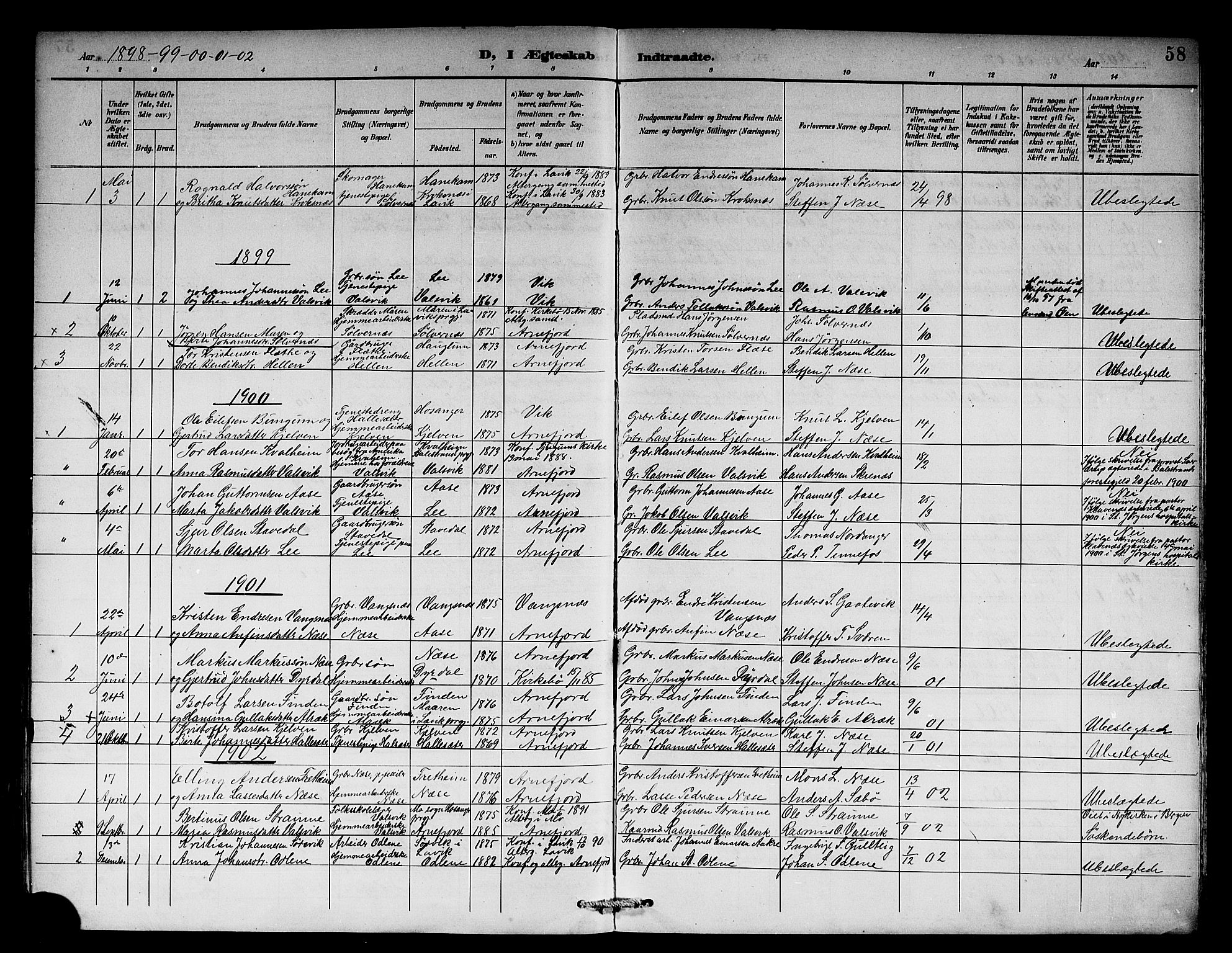 Vik sokneprestembete, SAB/A-81501: Parish register (copy) no. B 3, 1894-1912, p. 58