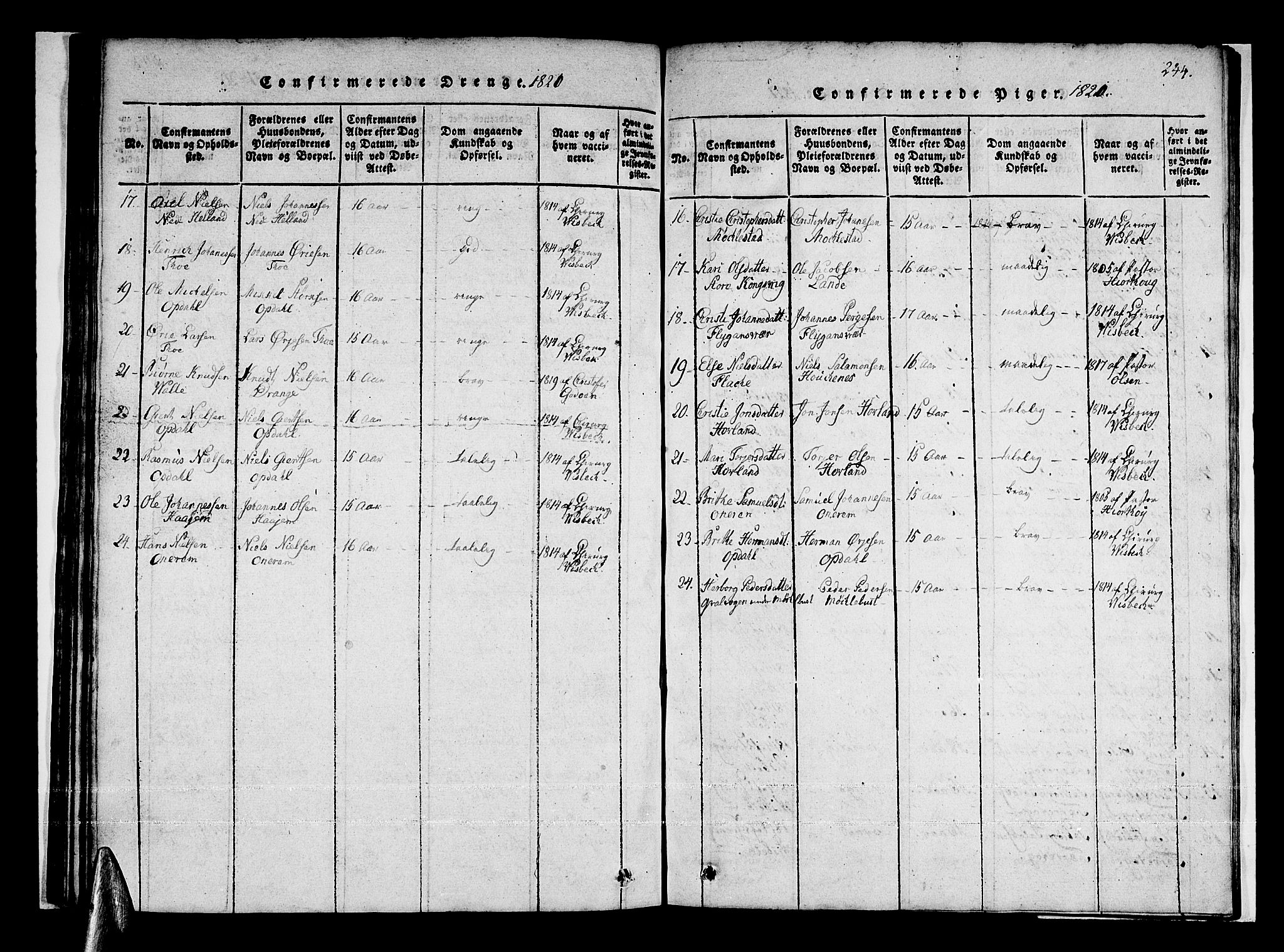 Tysnes sokneprestembete, AV/SAB-A-78601/H/Haa: Parish register (official) no. A 7, 1816-1826, p. 244