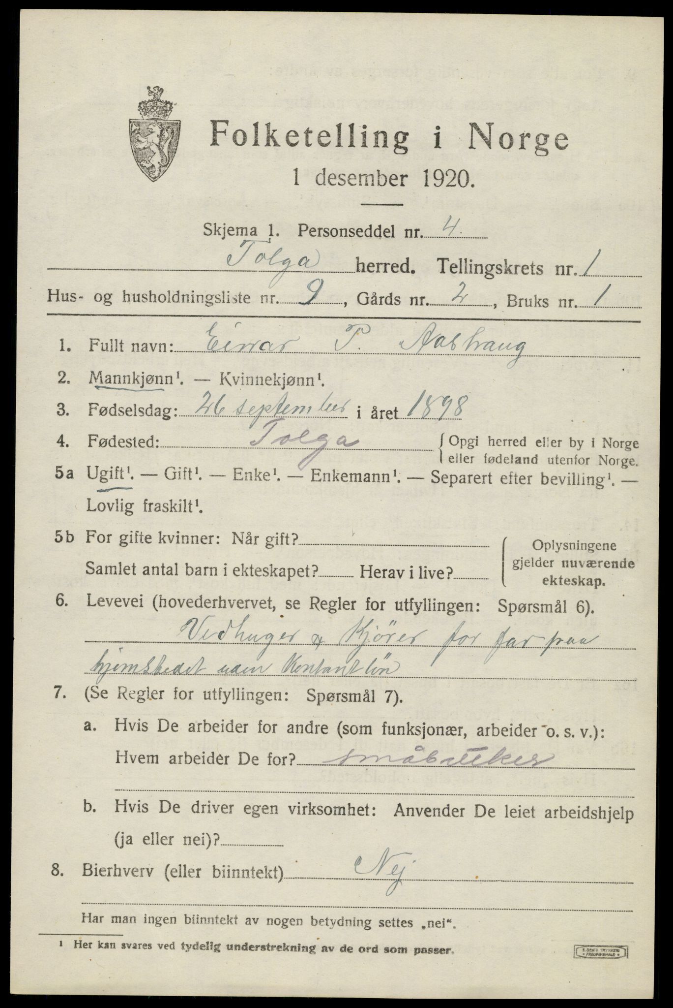 SAH, 1920 census for Tolga, 1920, p. 1503