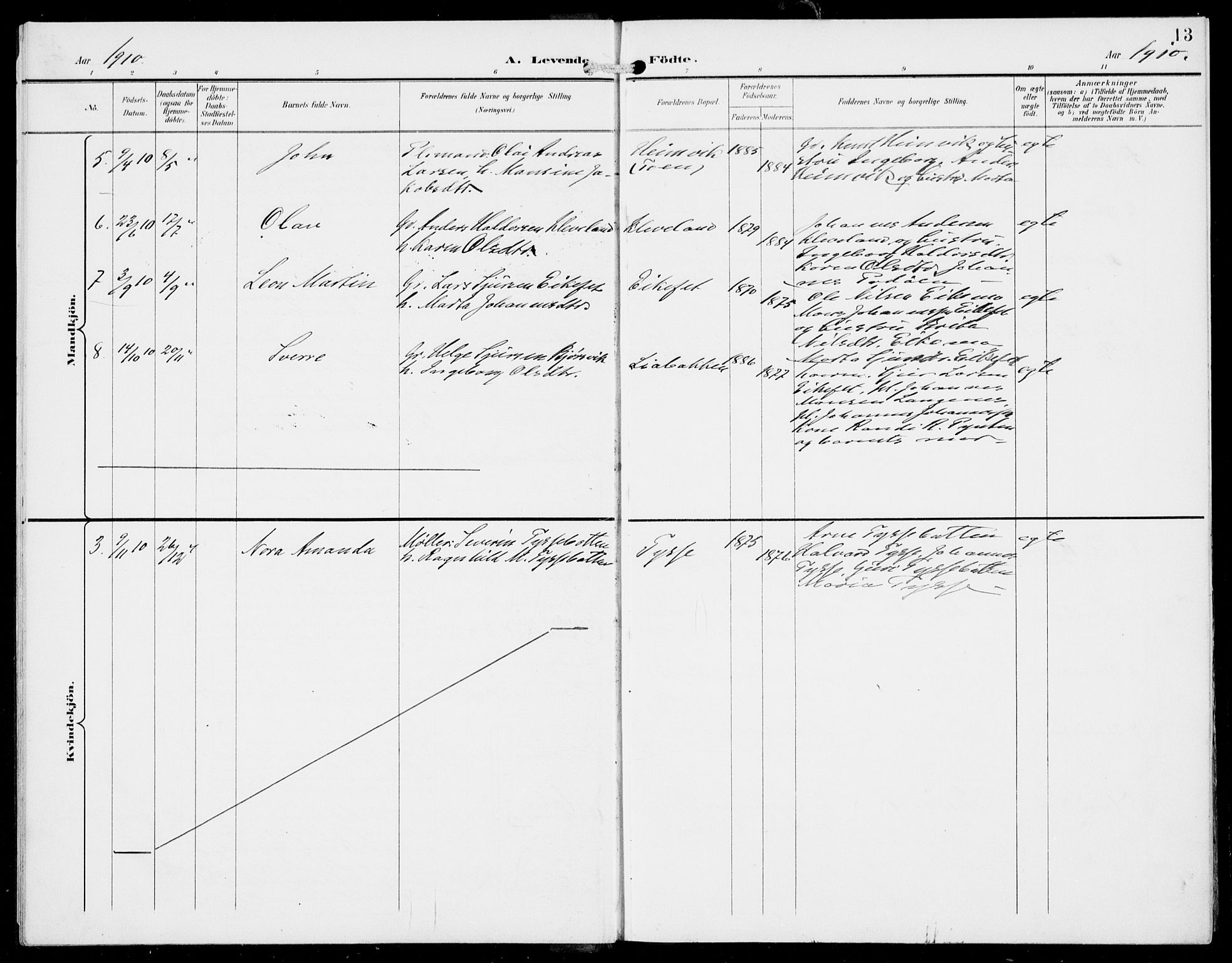 Hosanger sokneprestembete, SAB/A-75801/H/Haa: Parish register (official) no. D  1, 1896-1922, p. 13