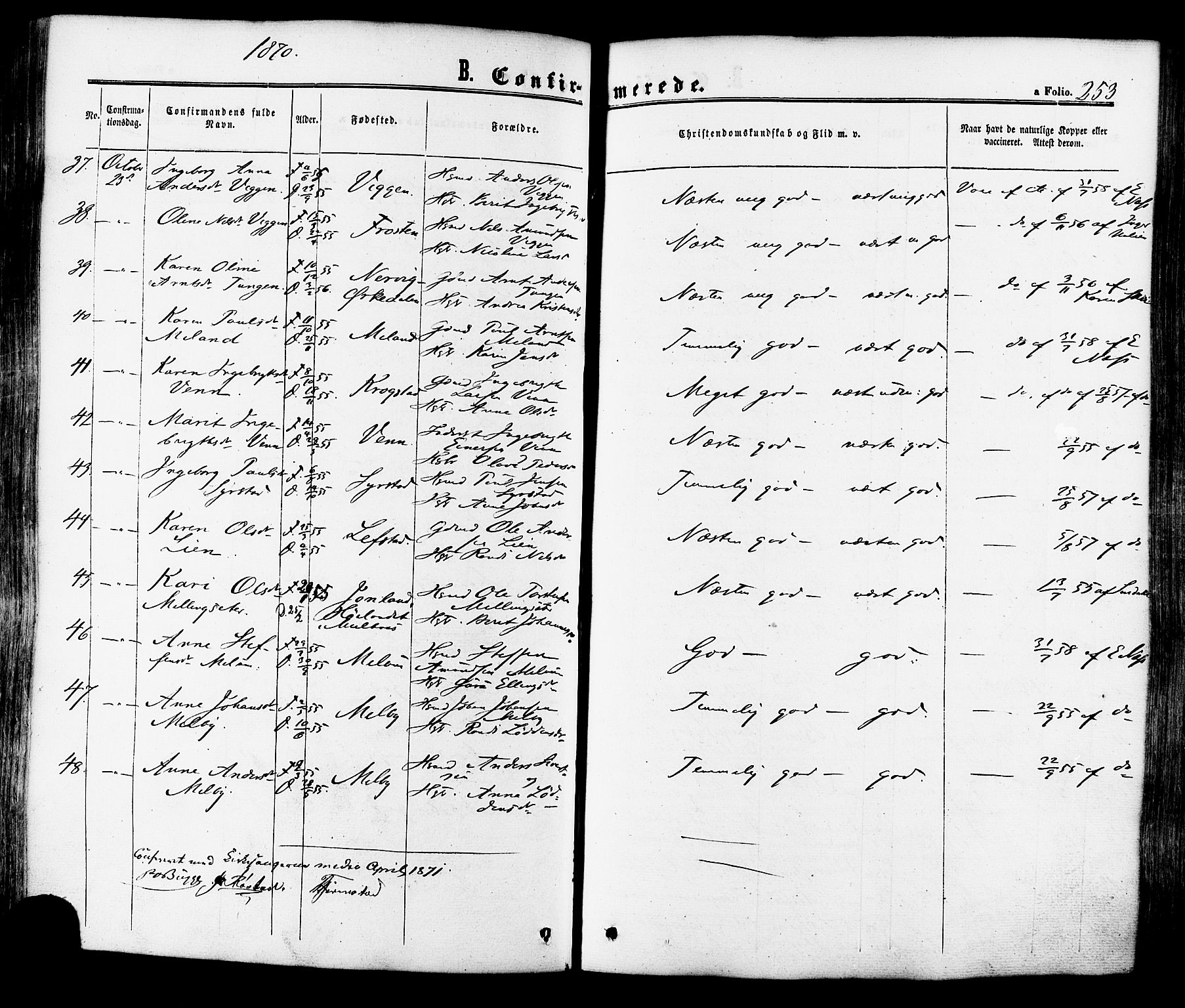 Ministerialprotokoller, klokkerbøker og fødselsregistre - Sør-Trøndelag, SAT/A-1456/665/L0772: Parish register (official) no. 665A07, 1856-1878, p. 253